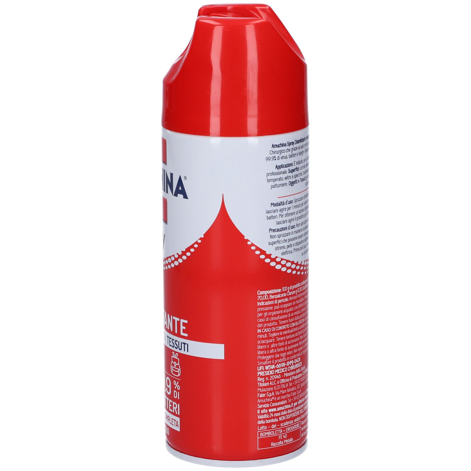 Rote Sprühdose mit weißem Etikett und rotem Logo, Text 'AMPLIFICANTE TESSUTI'.