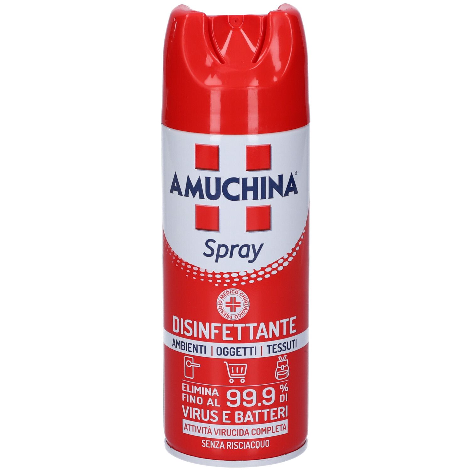 AMUCHINA Spray Desinfektionsmittel, 250 ml, rote Dose, zur Desinfektion von Oberflächen und Textilien.