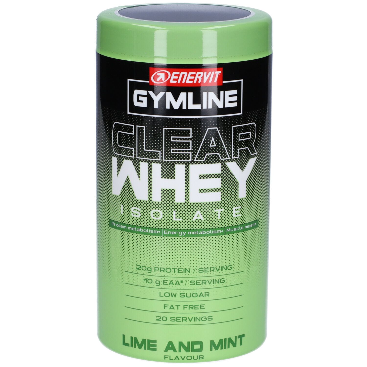 Barattolo verde con coperchio nero. Scritta: ENERVIT Gymline Clear Whey Isolate, Lime e Menta. Contiene proteine.