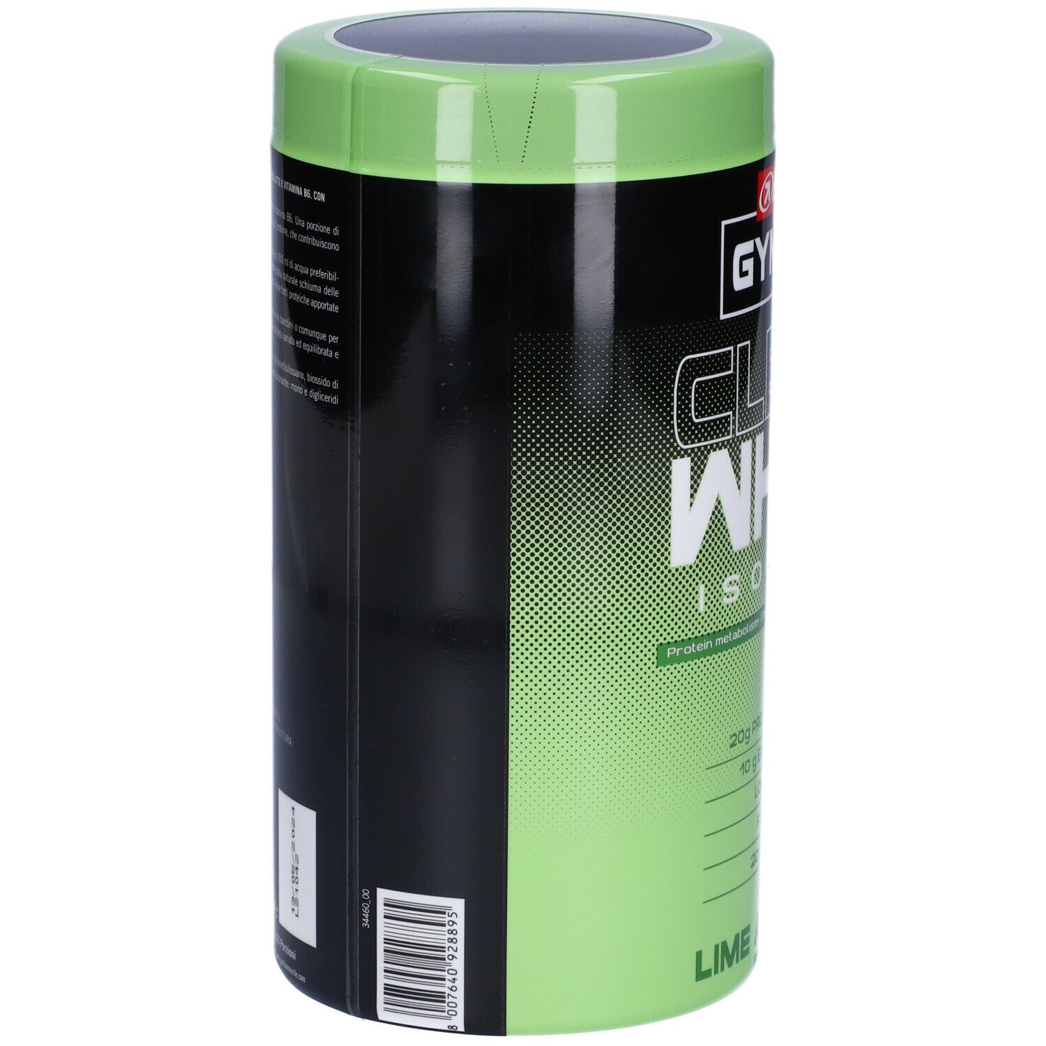 Barattolo verde e nero. Scritta: ENERVIT Gymline Clear Whey Isolate. Retro con testo e informazioni nutrizionali.