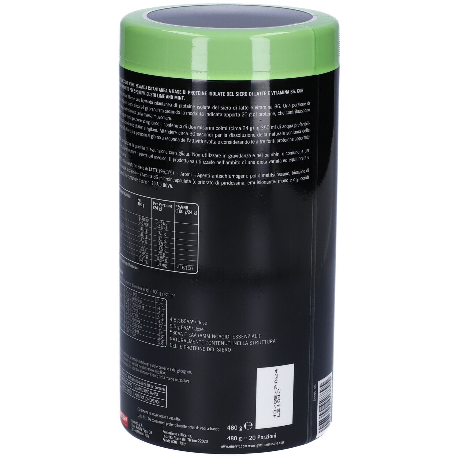 Barattolo verde e nero. Scritta: ENERVIT Gymline Clear Whey Isolate. Retro con testo e informazioni nutrizionali.