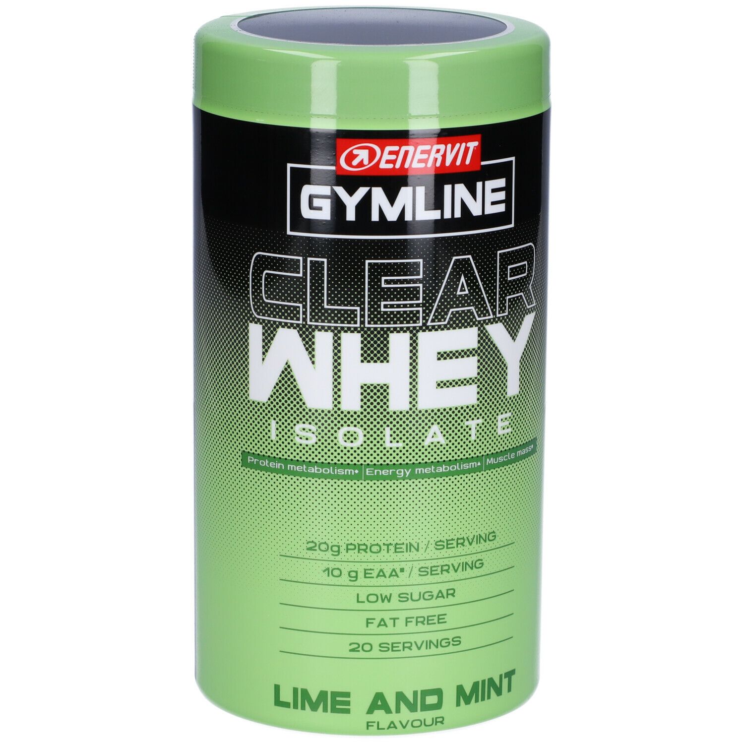 Barattolo verde con coperchio nero. Scritta: ENERVIT Gymline Clear Whey Isolate, Lime e Menta. Contiene proteine.