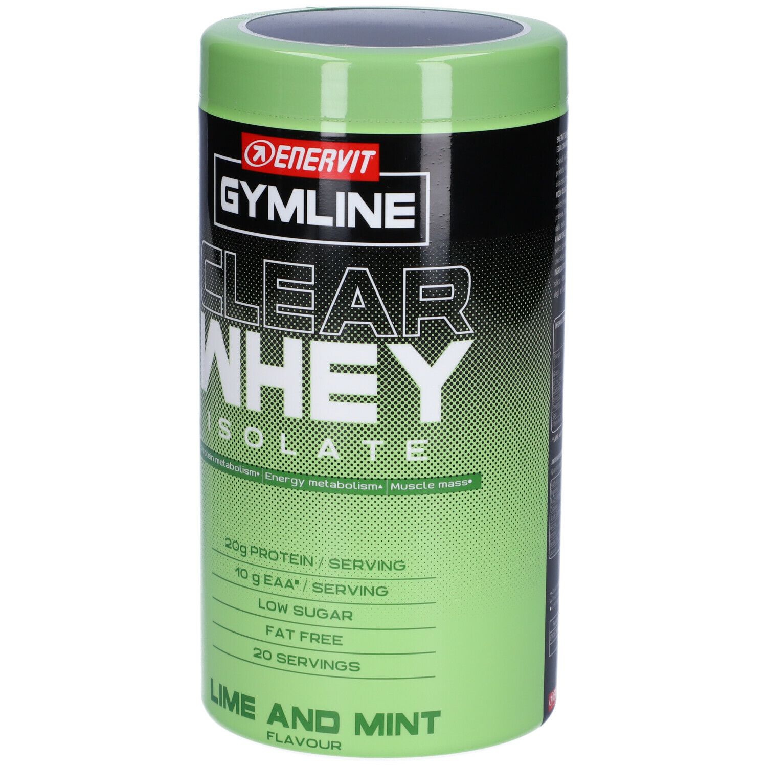 Barattolo verde con coperchio nero. Scritta: ENERVIT Gymline Clear Whey Isolate, Lime e Menta. Contiene proteine.