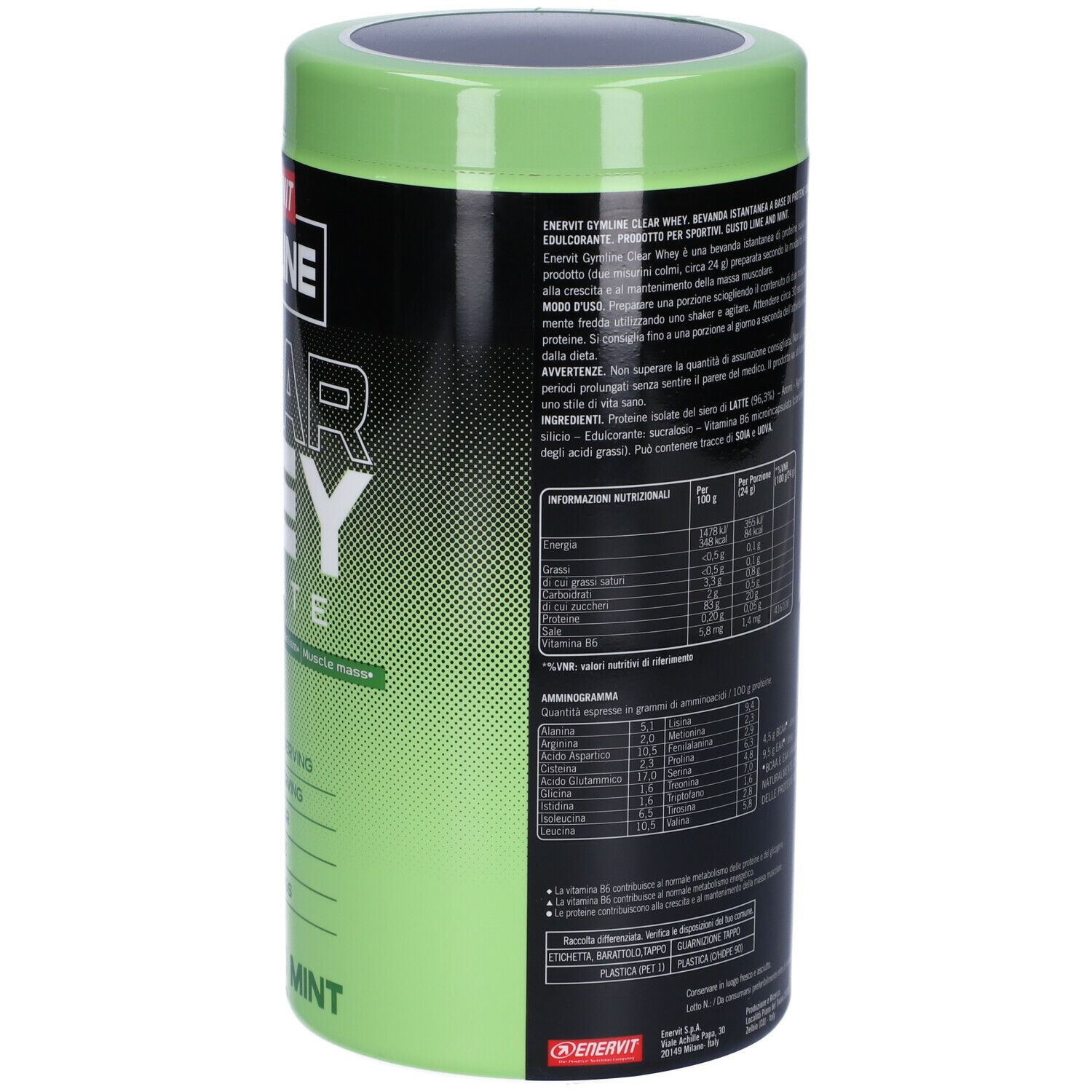 Barattolo verde e nero. Scritta: ENERVIT Gymline Clear Whey Isolate. Retro con testo e informazioni nutrizionali.