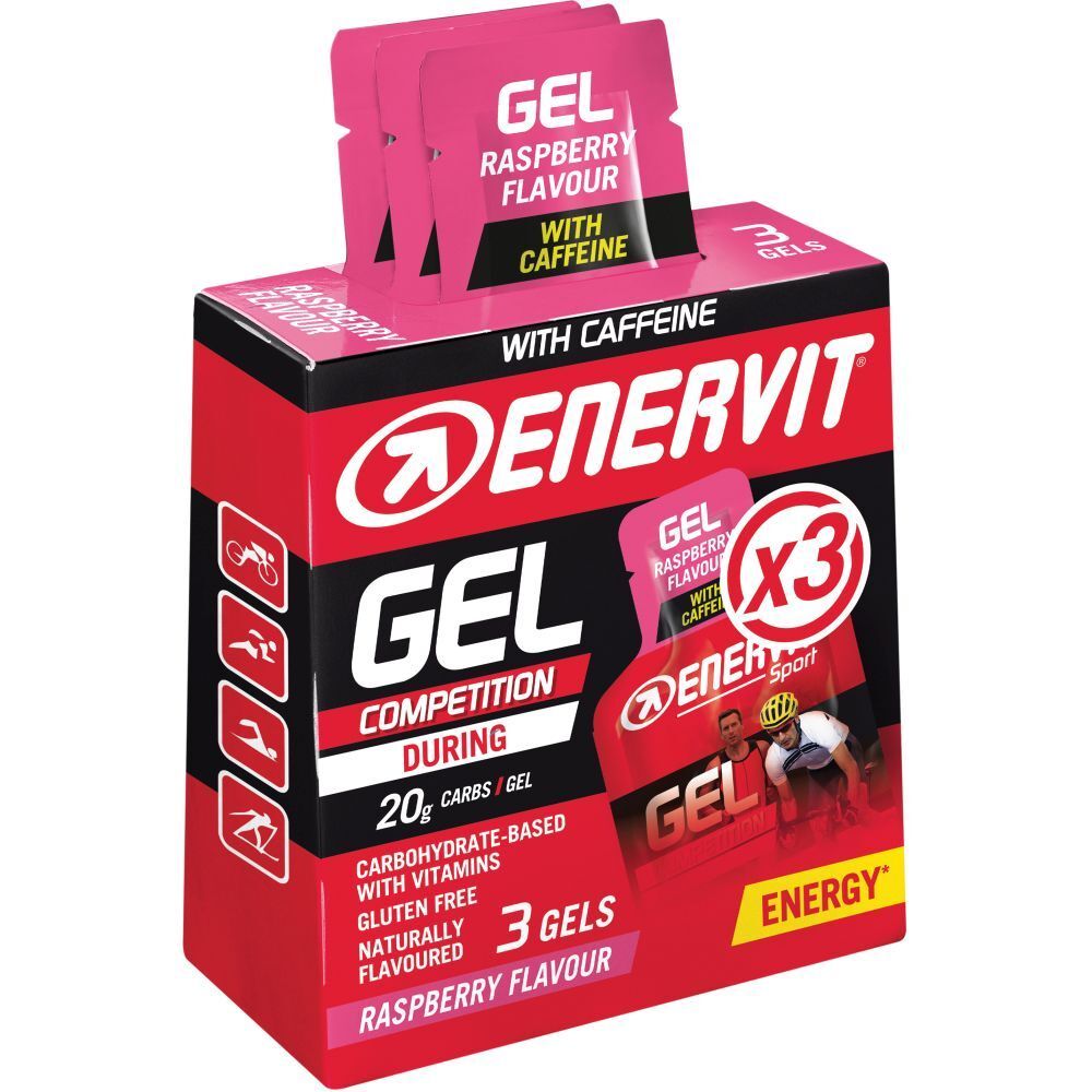 Scatola rossa con tre gel. Scritta: ENERVIT GEL COMPETITION, gusto lampone, con caffeina.