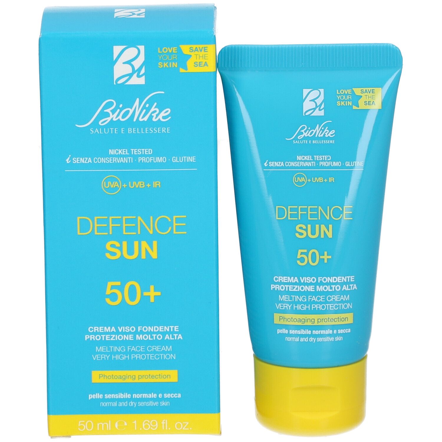 Türkisfarbene Schachtel und Tube mit gelbem Deckel. Aufschrift: Defence Sun 50+. Marke BioNike. Text in italienischer Sprache.