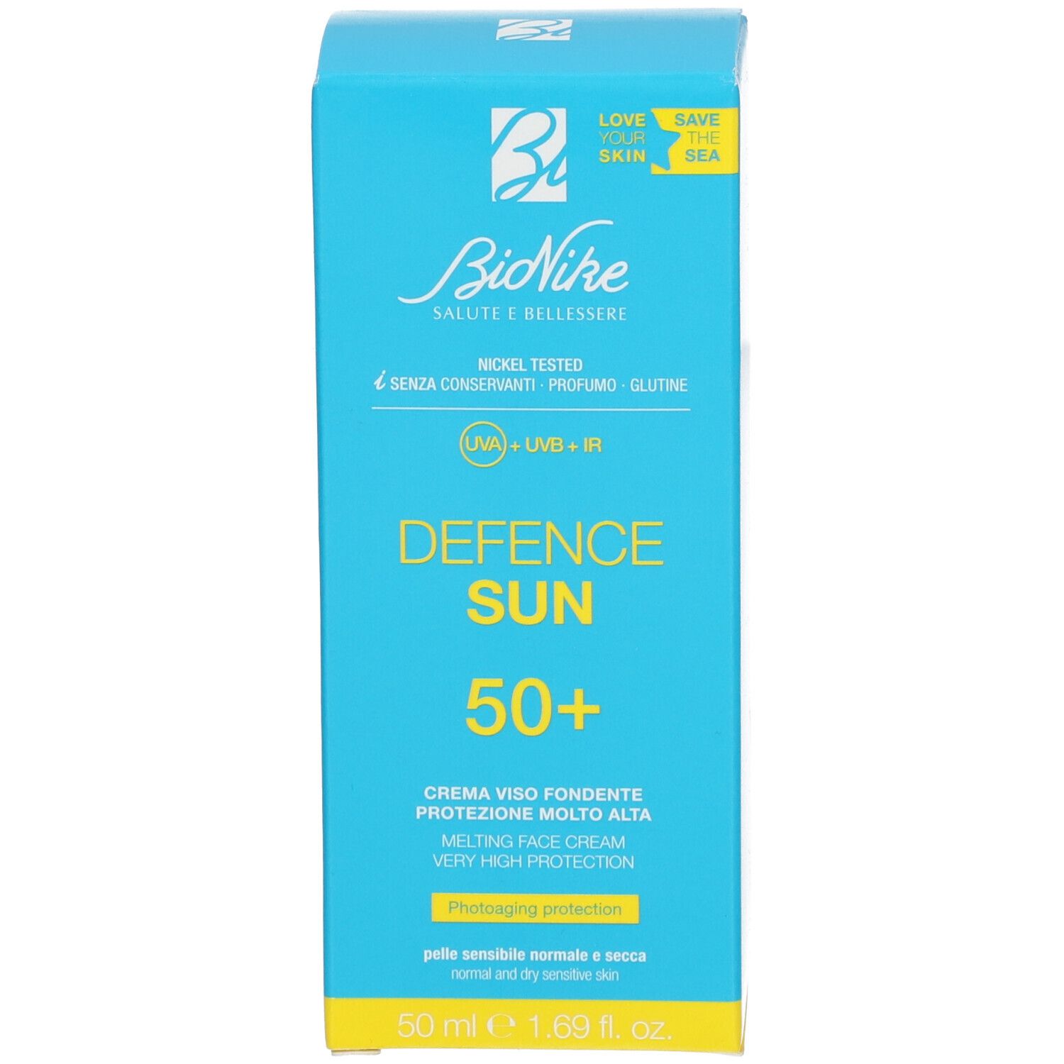 Türkisfarbene Schachtel mit gelbem Boden. Aufschrift: Defence Sun 50+. Marke BioNike. Text in italienischer Sprache.