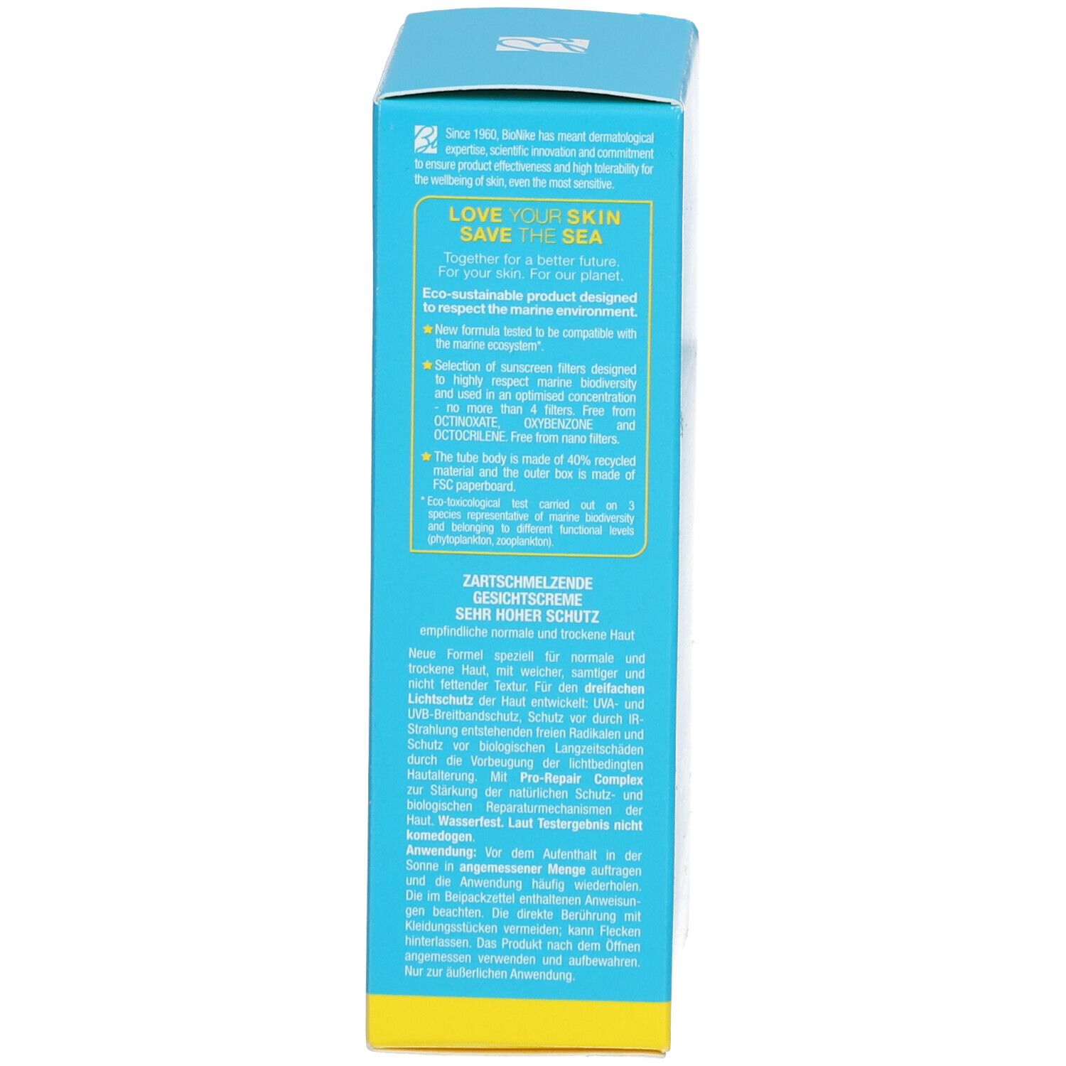 Seite einer türkisfarbenen Schachtel mit gelbem Boden. Text in italienischer Sprache. Enthält Informationen zum Produkt.