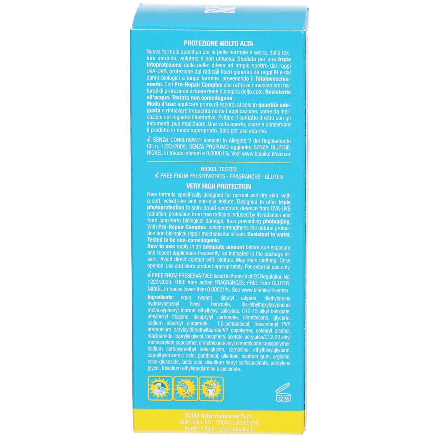 Rückseite einer türkisfarbenen Schachtel mit gelbem Boden. Text in italienischer Sprache. Enthält Informationen zum Produkt.