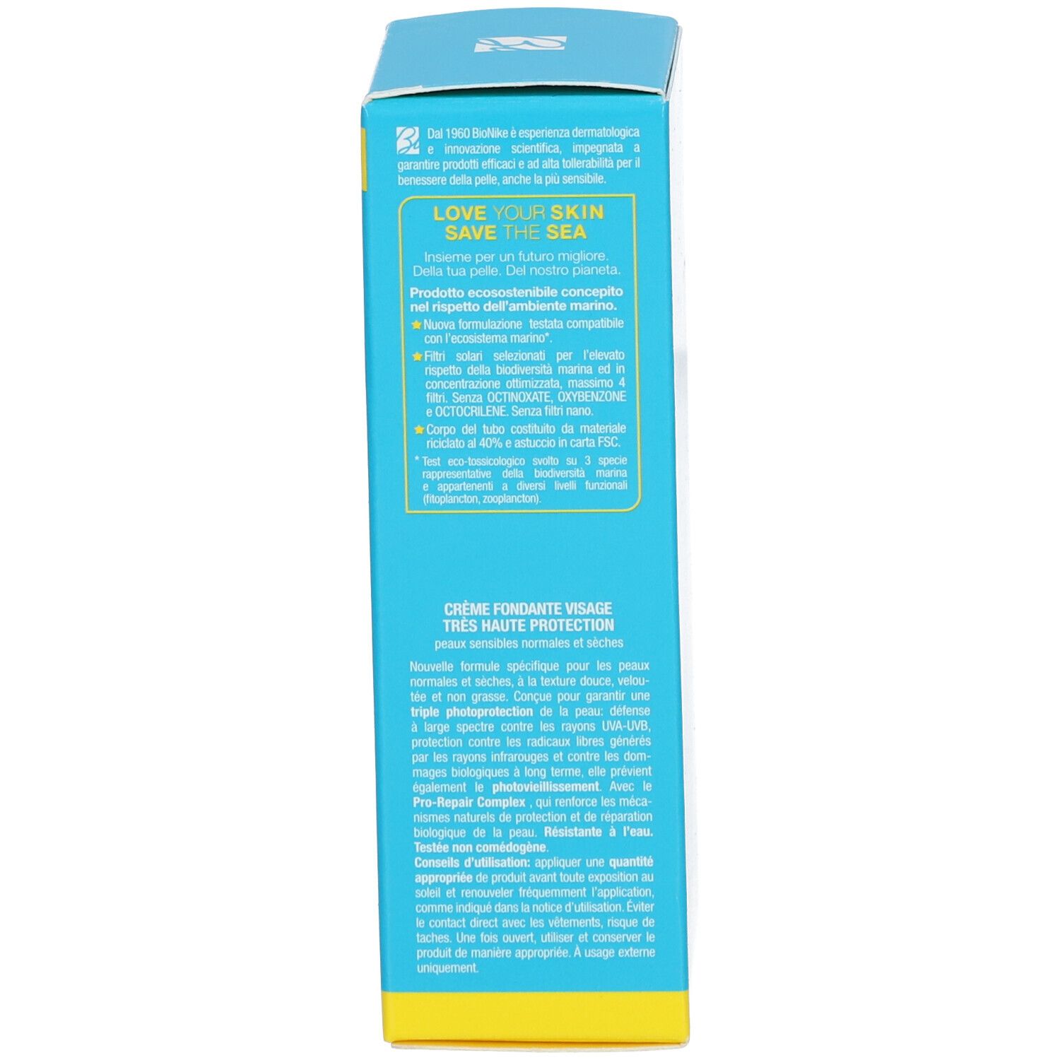 Seite einer türkisfarbenen Schachtel mit gelbem Boden. Text in italienischer Sprache. Enthält Informationen zum Produkt.