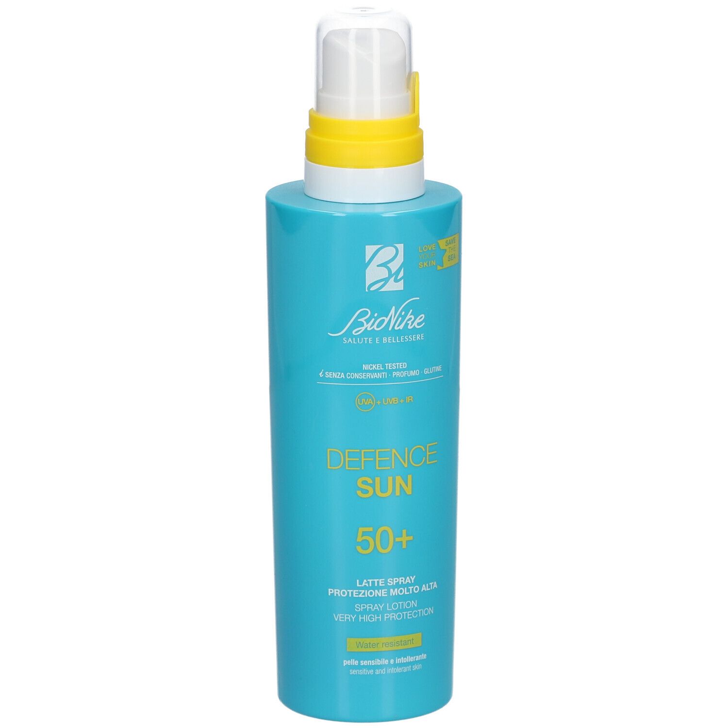 Türkisblaue Sprühflasche mit gelbem Sprühkopf. Aufschrift: Defence Sun 50+ und BioNike Logo.