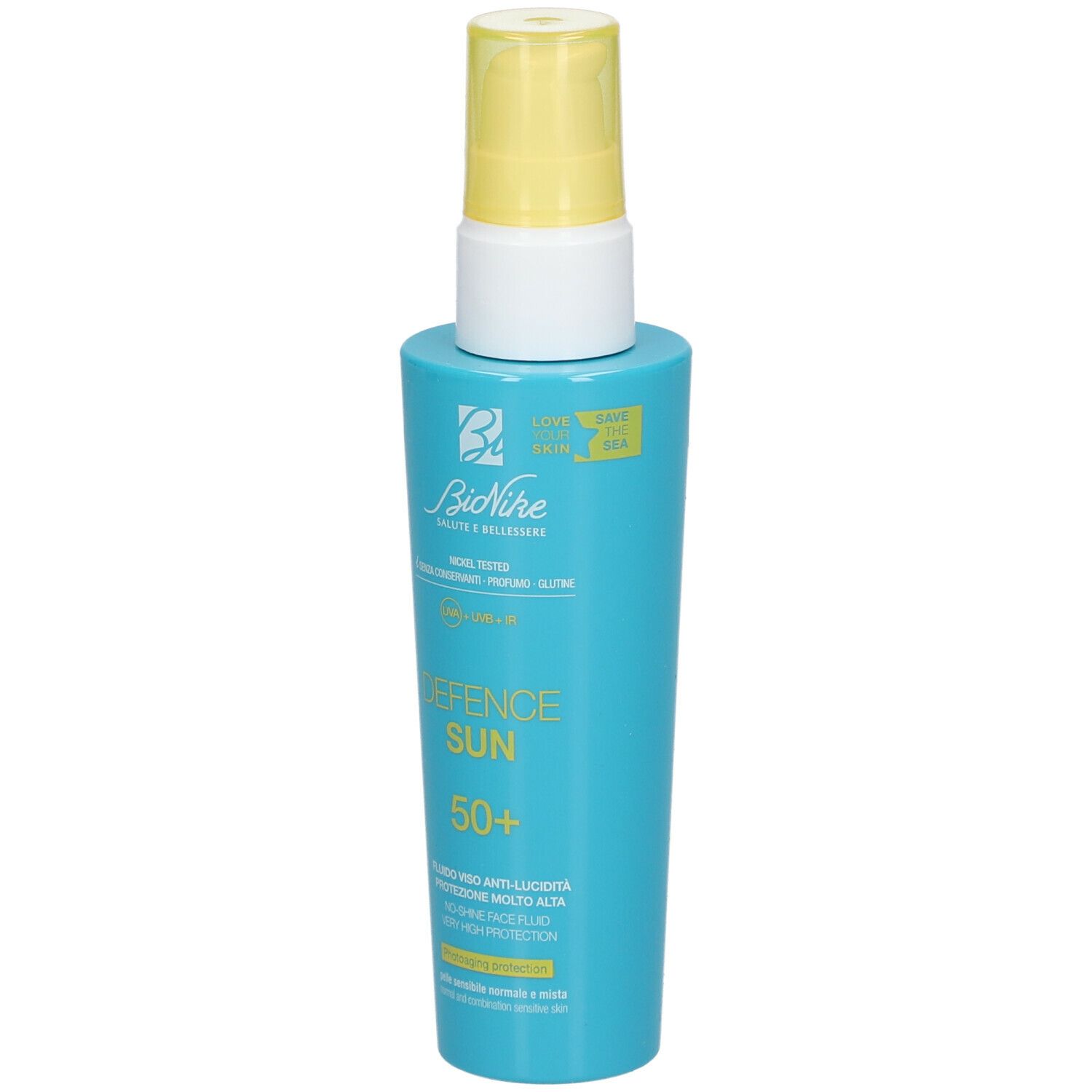 Flacone turchese con erogatore giallo. Scritta: Defence Sun 50+. Marchio: BioNike.
