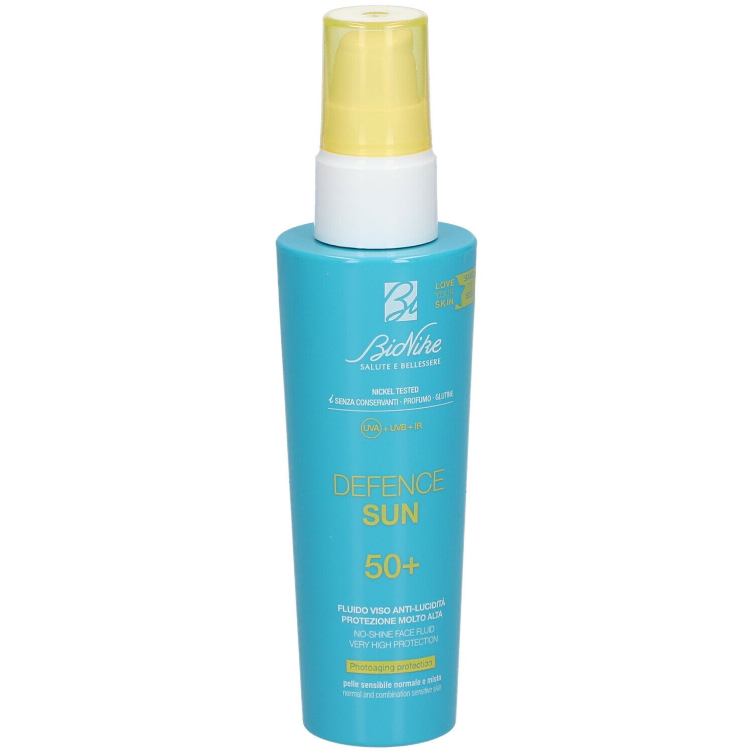 Flacone turchese con erogatore giallo. Scritta: Defence Sun 50+. Marchio: BioNike.