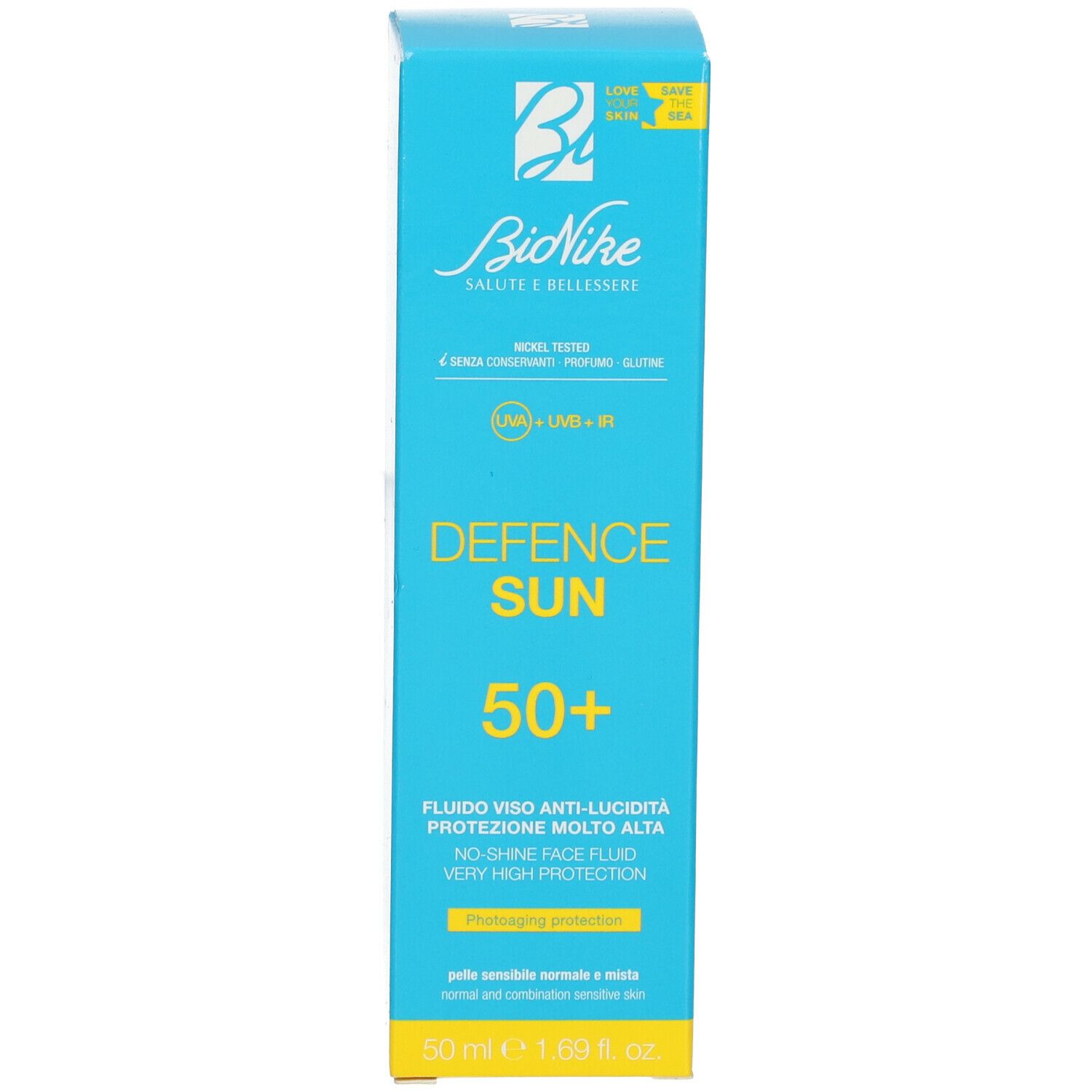 Scatola turchese. Scritta: Defence Sun 50+. Marchio: BioNike.
