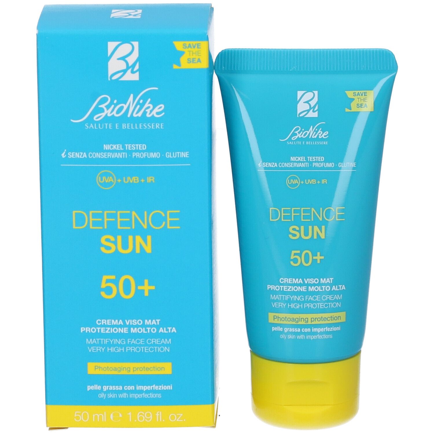 Blaue Schachtel und Tube. Aufschrift: Defence Sun 50+. Text: Crema Viso Mat, protezione molto alta. Marke: BioNike. 50 ml.