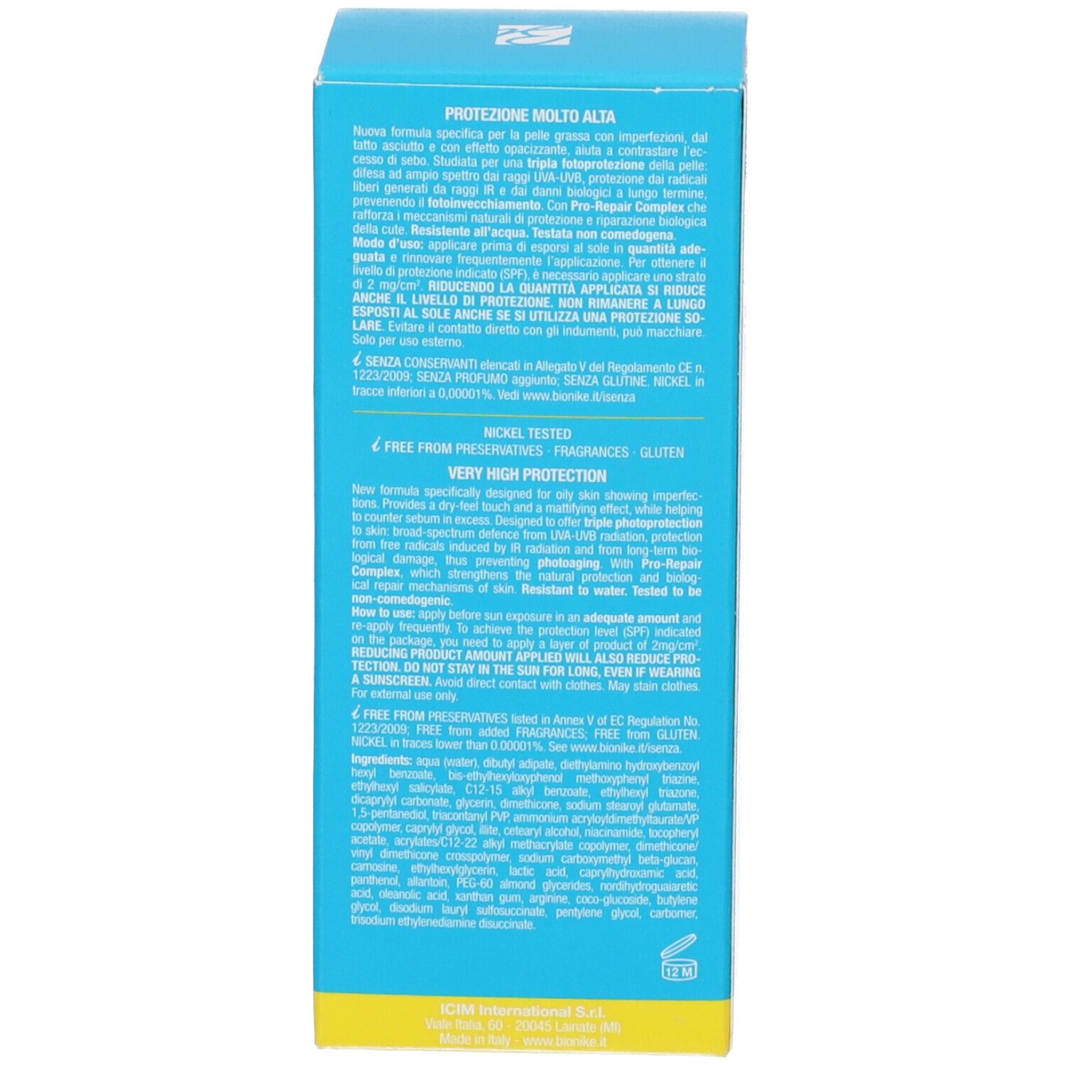 Blaue Schachtel, Seite. Text in Englisch: Very high protection. Text: 6 Free from preservatives, fragrances, gluten, nickel tested.