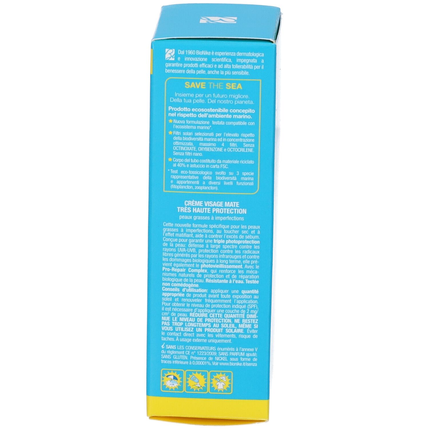 Blaue Schachtel, Seite. Text in Französisch: Crème visage mate, très haute protection. Text und Logos.