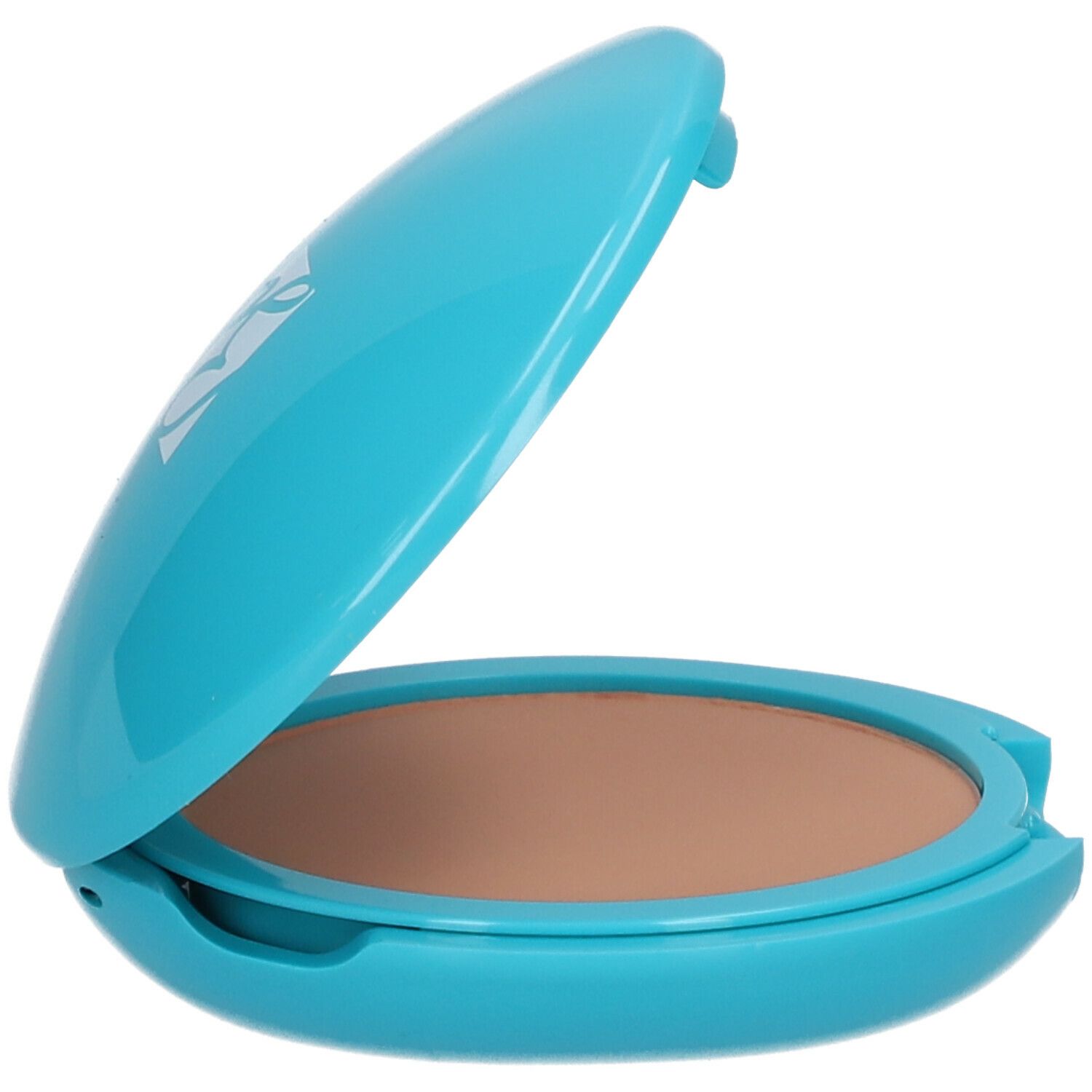 Contenitore compatto per trucco turchese, semiaperto. Contiene trucco marrone. Forma ovale.