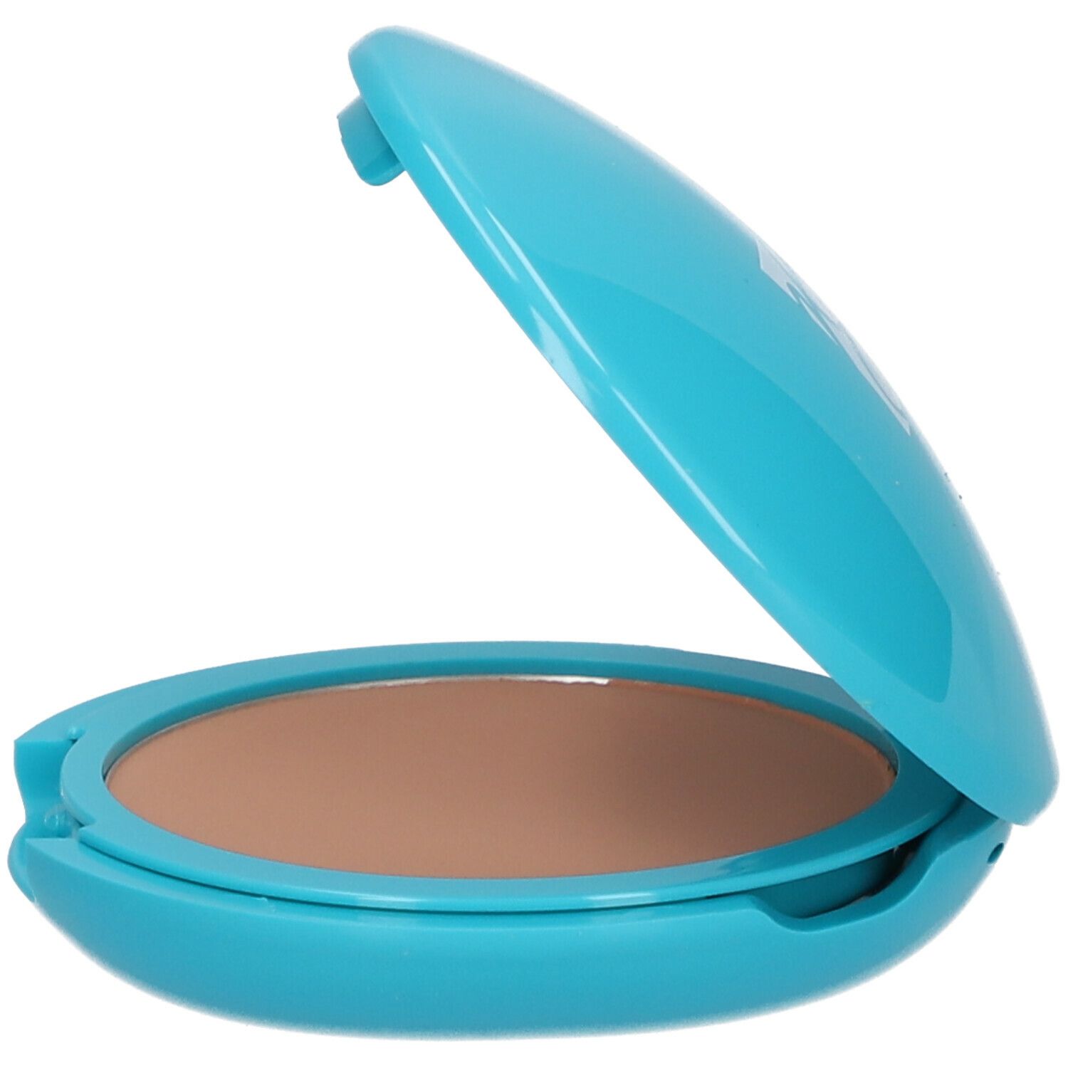 Contenitore compatto per trucco turchese, semiaperto. Contiene trucco marrone. Forma ovale.