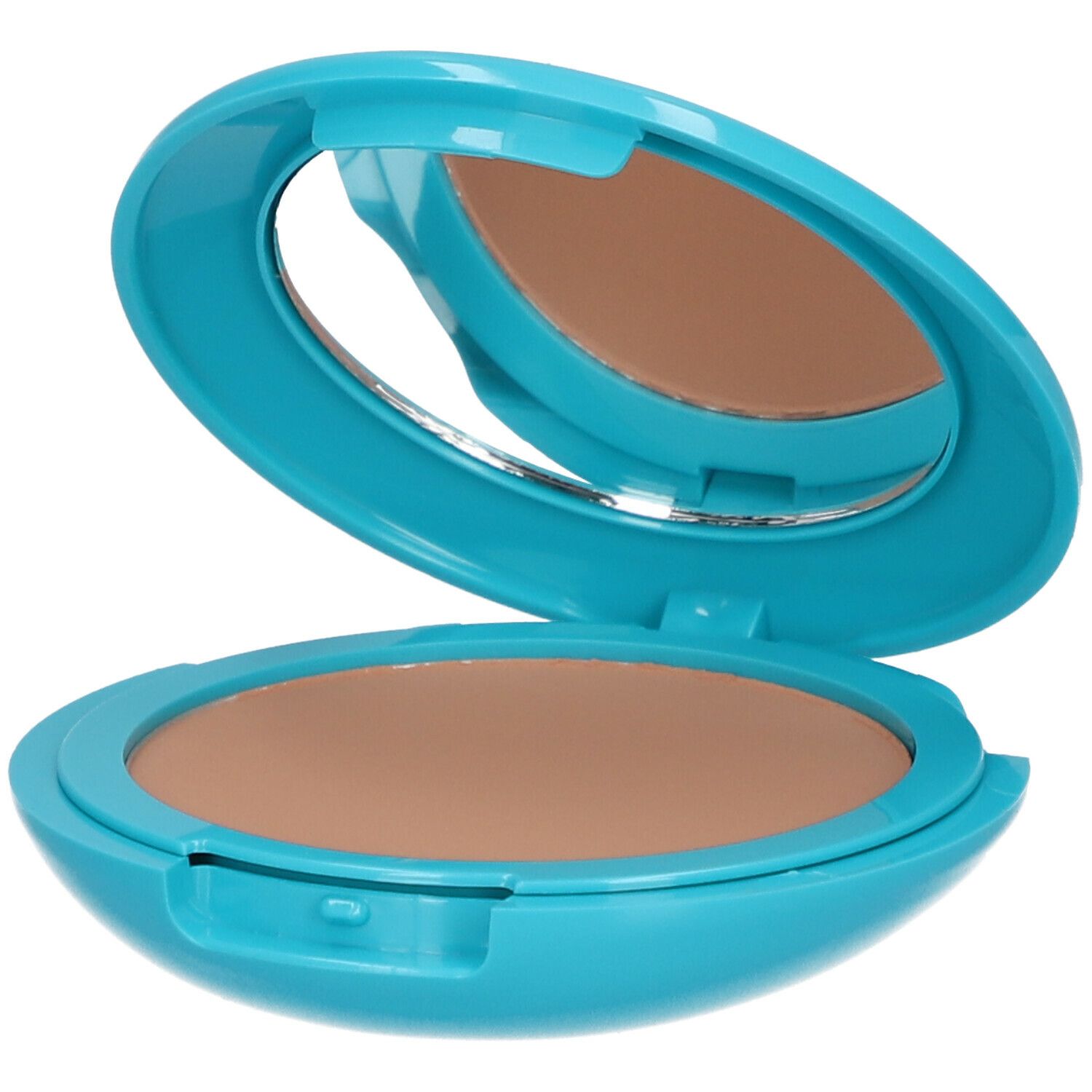 Contenitore compatto per trucco, turchese, aperto. Contiene specchio e trucco marrone. Forma ovale.