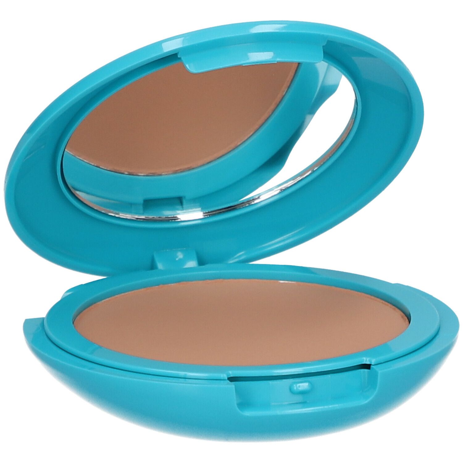 Contenitore compatto per trucco, turchese, aperto. Contiene specchio e trucco marrone. Forma ovale.