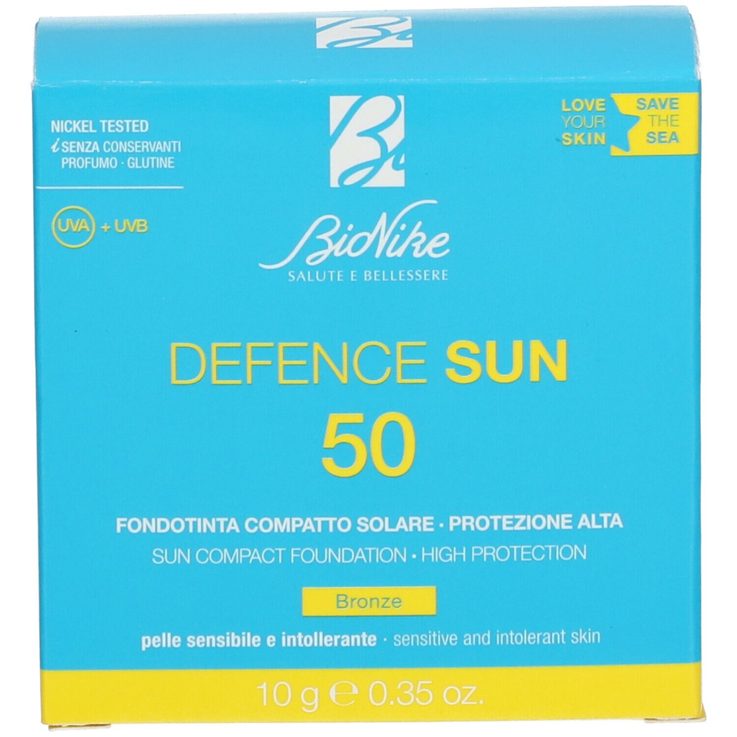 BioNike Defence Sun Foundation Kompakt SPF 50+ Bronze. Confezione turchese. Testo.