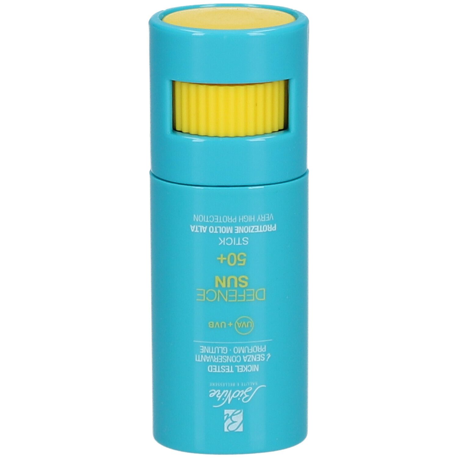 Stick BioNike Defence Sun SPF 50+ aperto. Contenitore blu, tappo giallo. Testo: Defence Sun, SPF 50+.