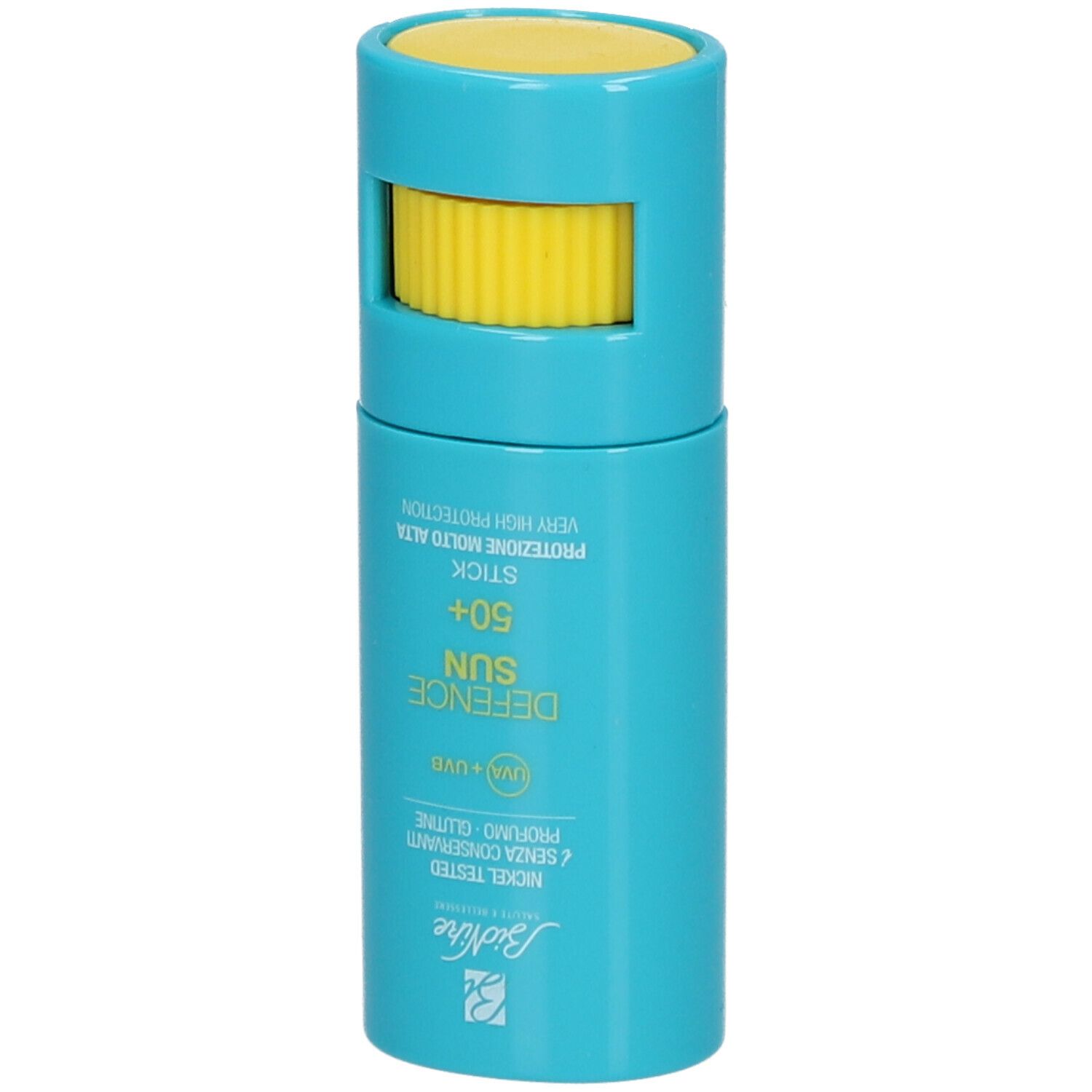 Stick BioNike Defence Sun SPF 50+ aperto. Contenitore blu, tappo giallo. Testo: Defence Sun, SPF 50+.