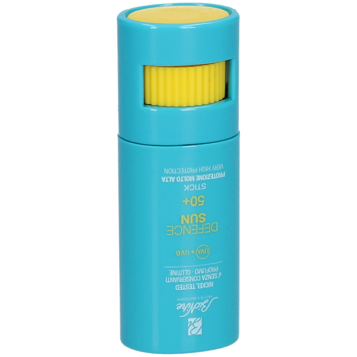 Stick BioNike Defence Sun SPF 50+ aperto. Contenitore blu, tappo giallo. Testo: Defence Sun, SPF 50+.