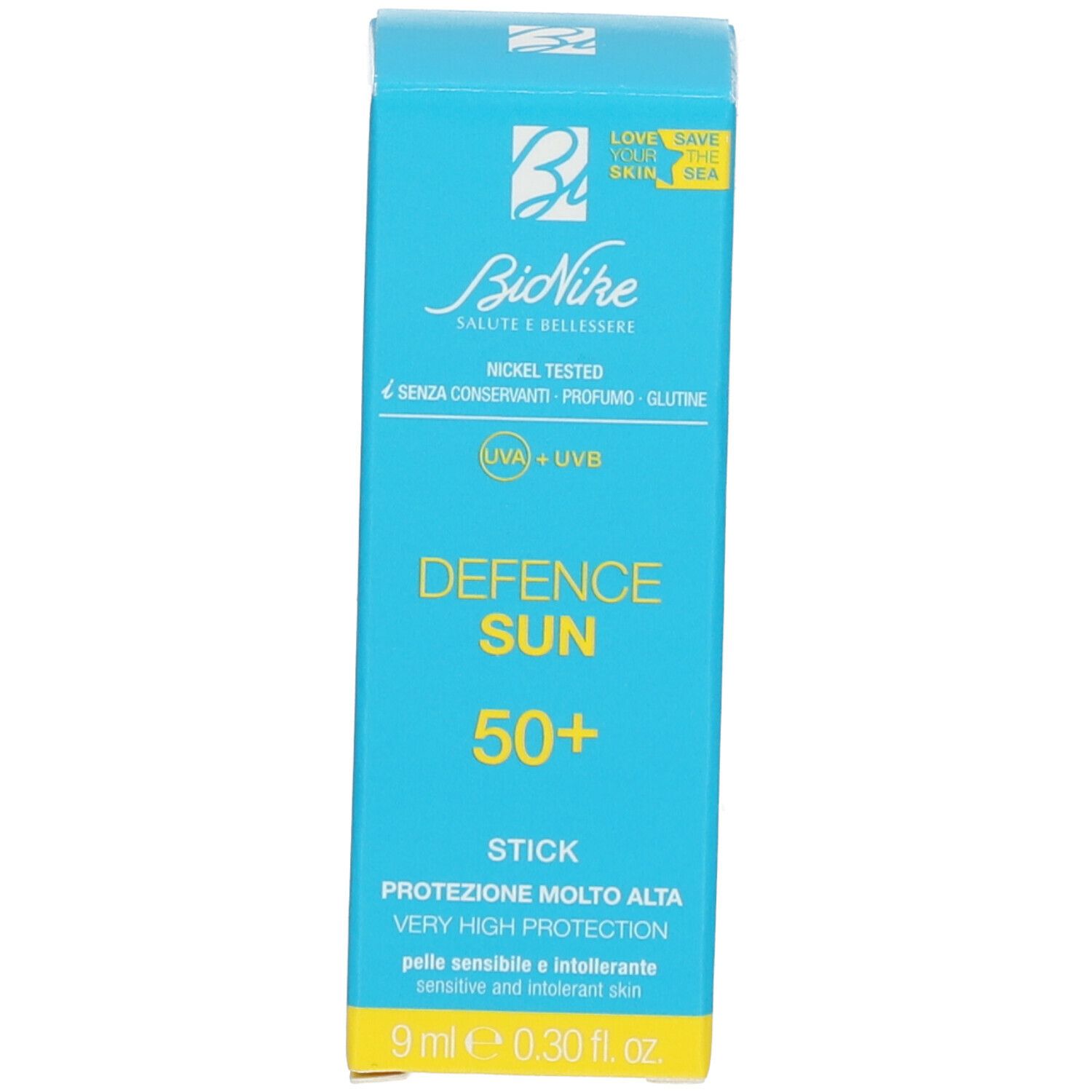 Confezione dello stick BioNike Defence Sun SPF 50+. Scatola blu. Testo: Defence Sun, SPF 50+, 9 ml.
