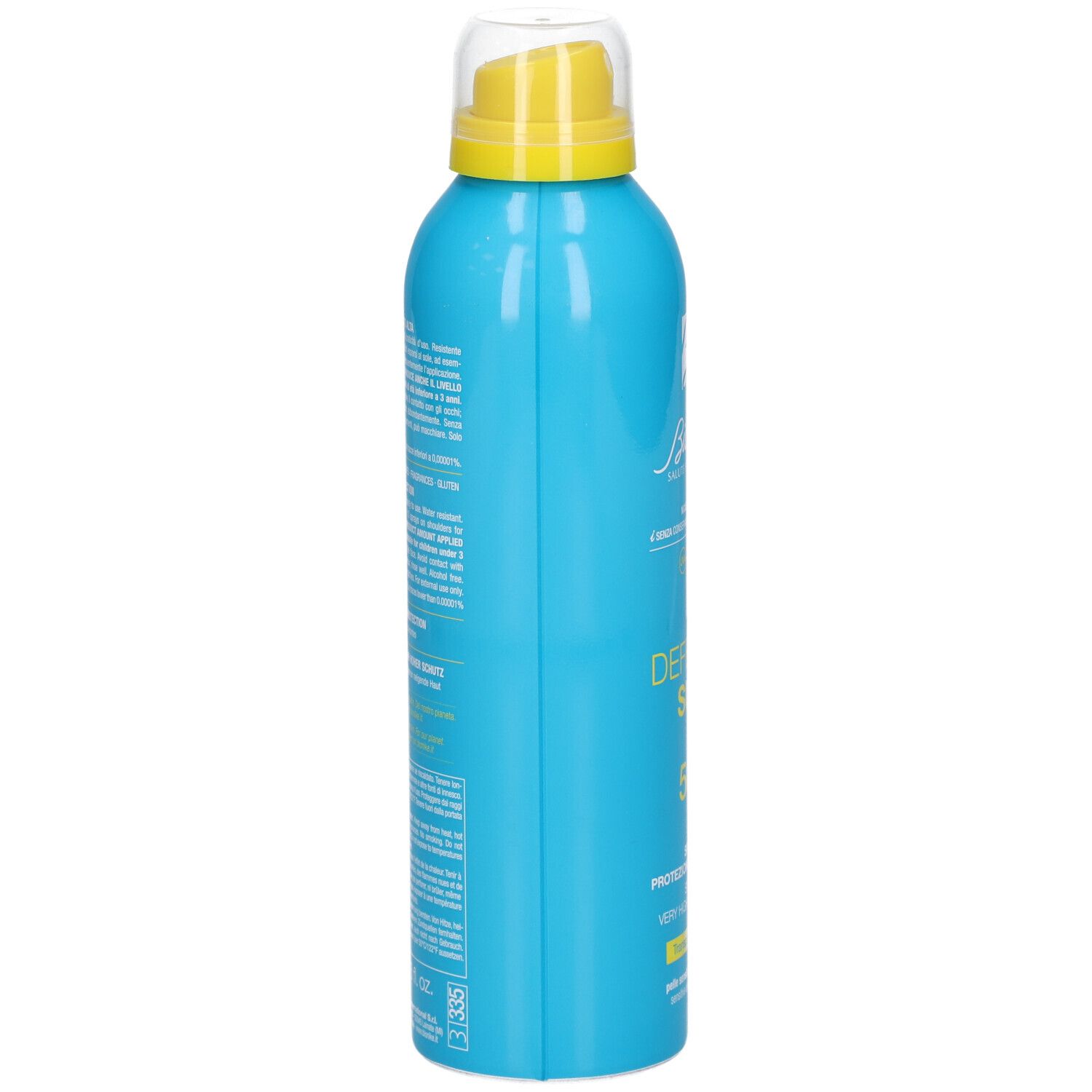 Blaue Sprühflasche mit gelbem Sprühkopf. Text auf der Seite.