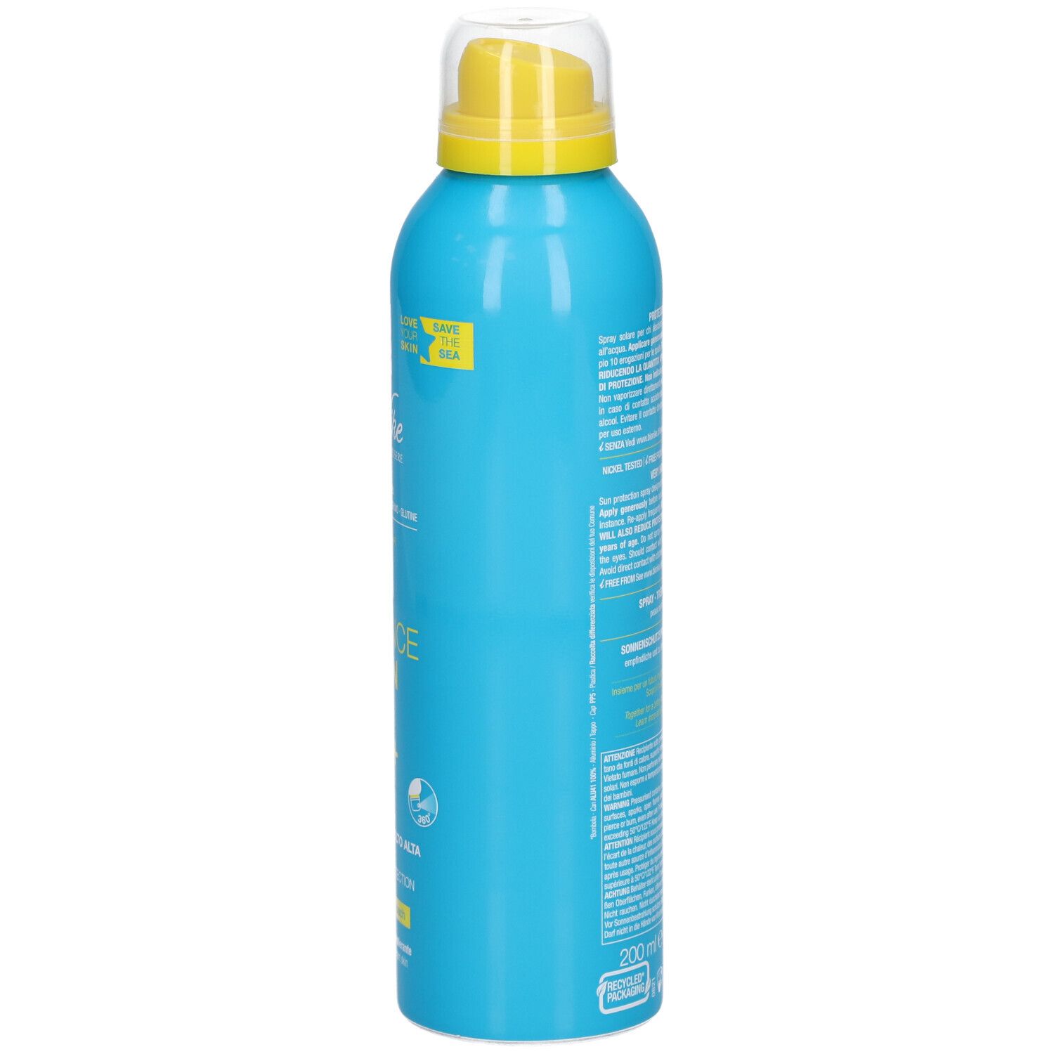 Blaue Sprühflasche mit gelbem Sprühkopf. Text auf der Seite.