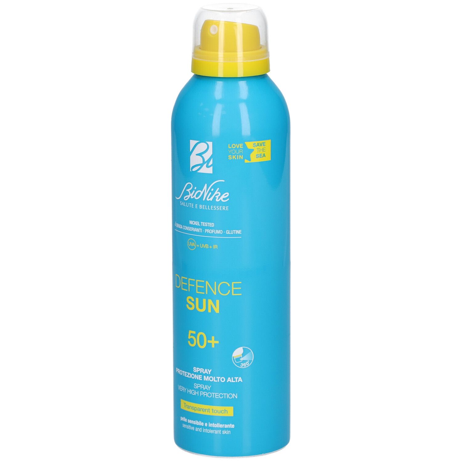 Bionike Defence Sun Spray LSF 50+. Blaue Dose mit gelbem Sprühkopf. Transparenter Touch.