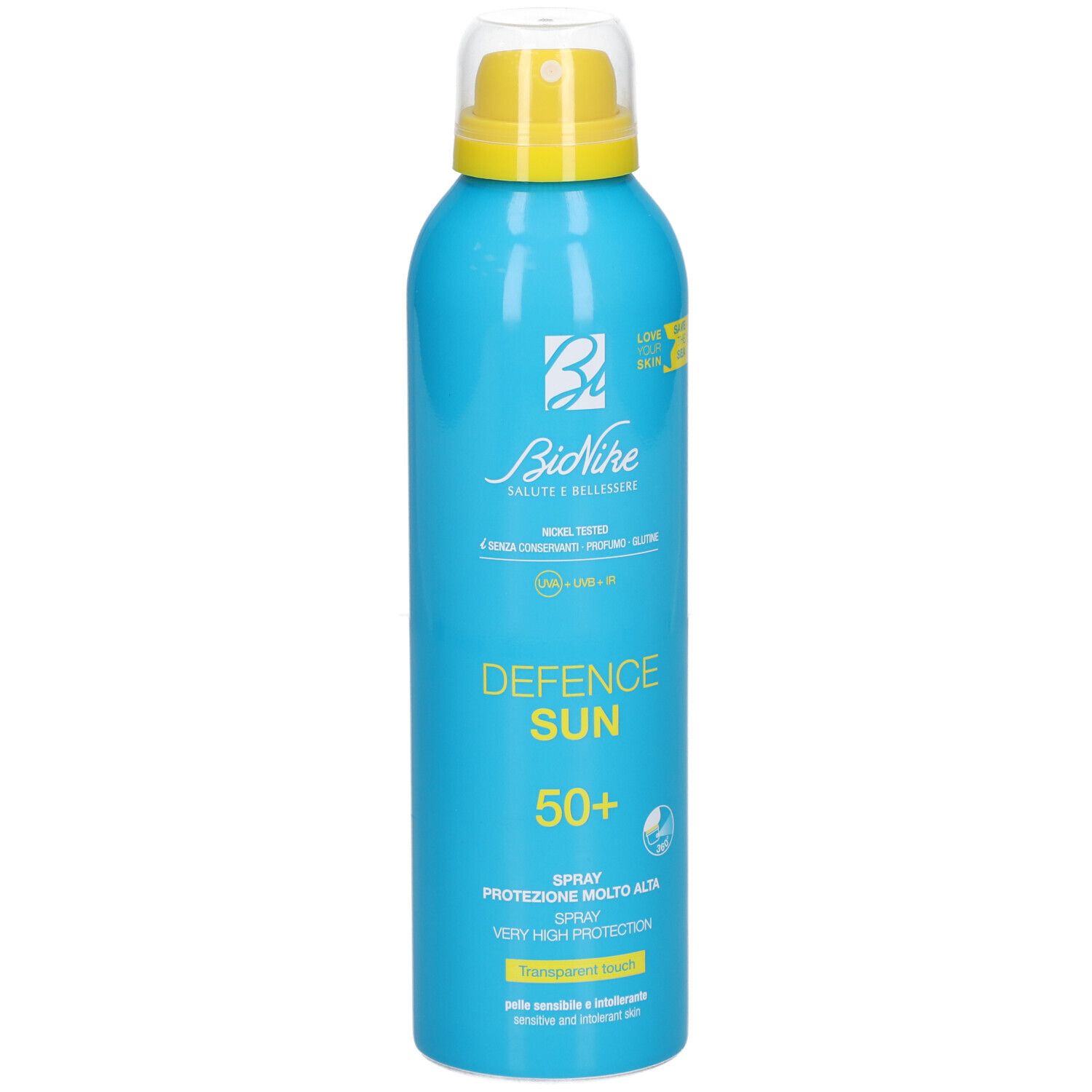 Blaue Sprühflasche mit gelbem Sprühkopf. Aufschrift: Defence Sun 50+. Marke: BioNike.