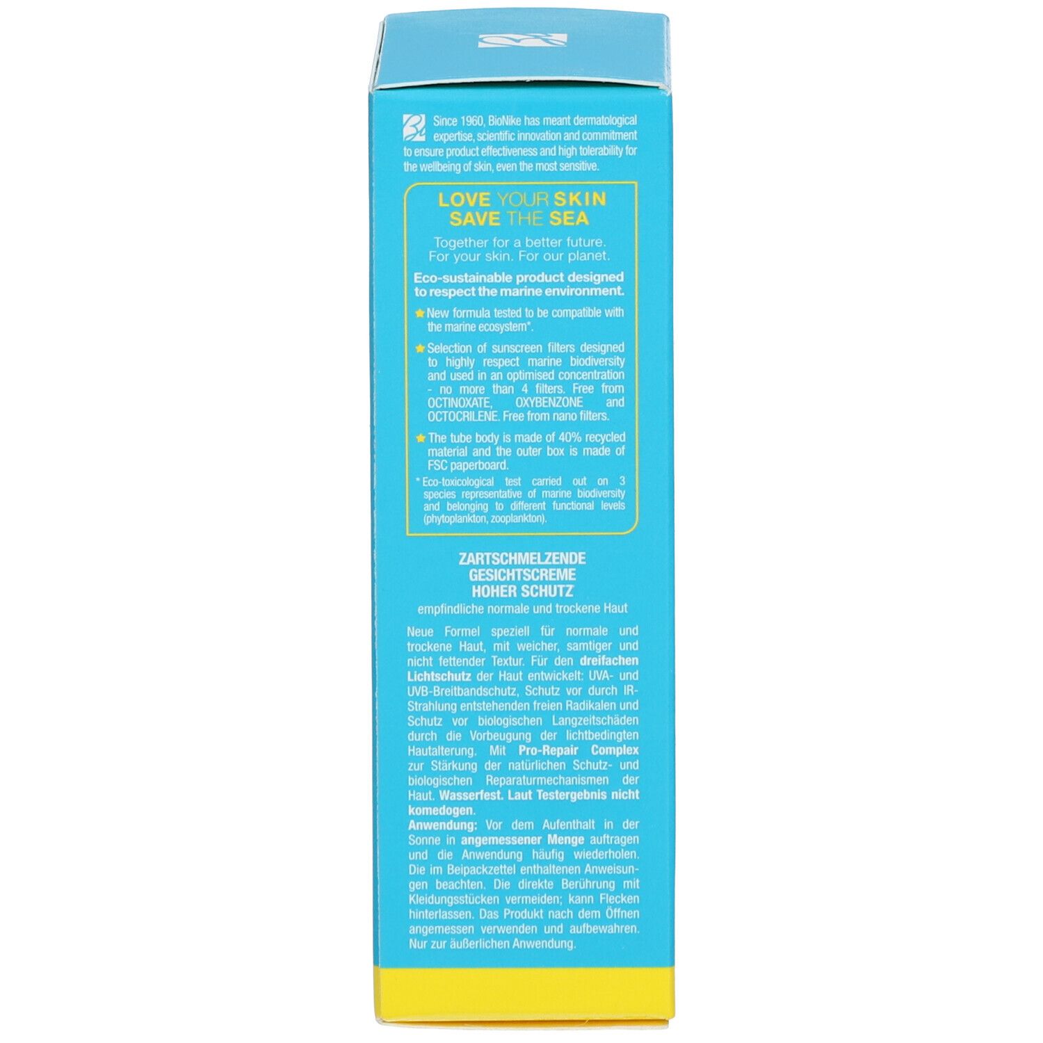 Rückseite der Sonnencreme-Schachtel. Text: Zartschmelzende Gesichtcreme, hoher Schutz, Pro-Repair Complex, FSC-zertifiziert.