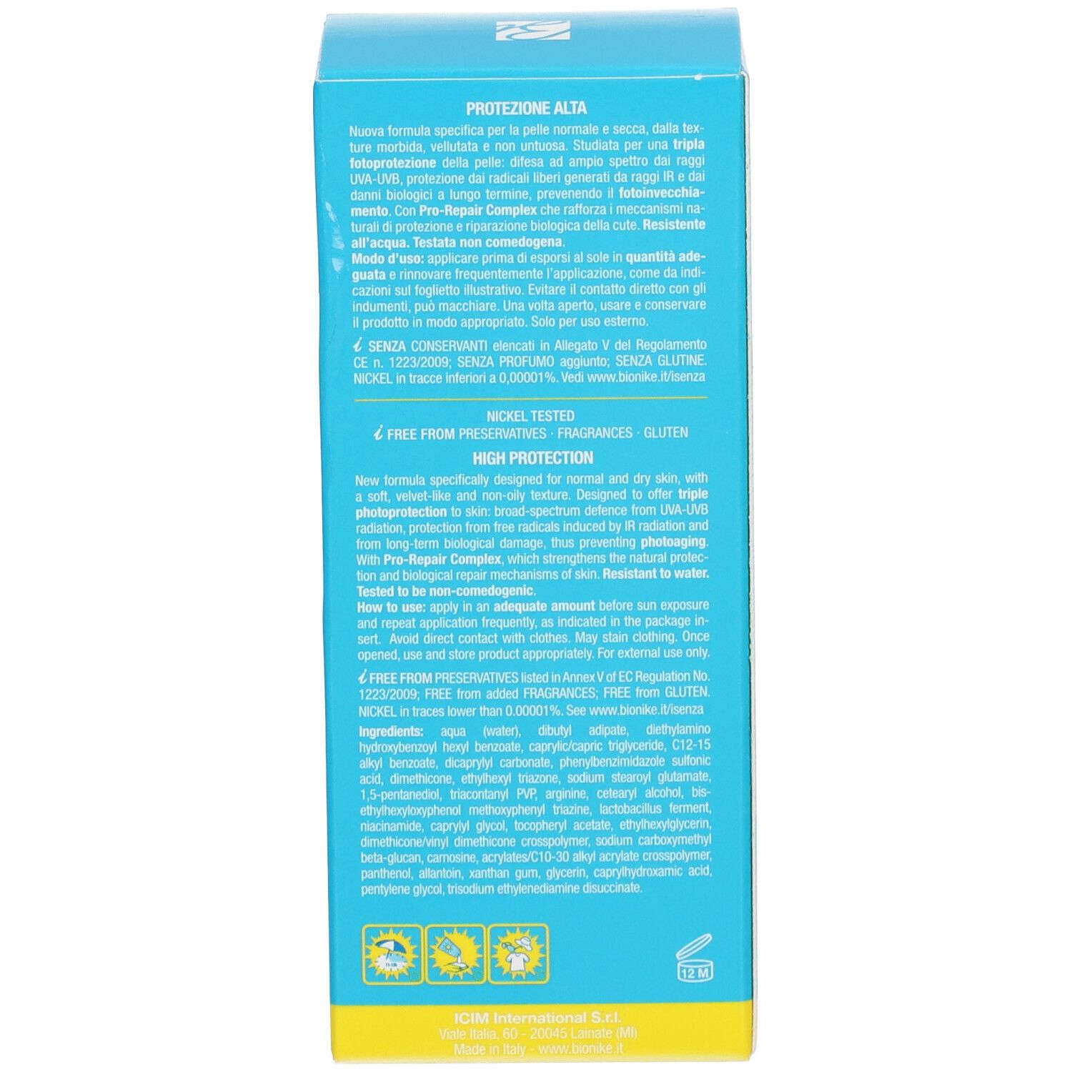 Rückseite der Sonnencreme-Schachtel. Text: Ohne Konservierungsstoffe, ohne Duftstoffe, ohne Gluten. Inhaltsstoffe.