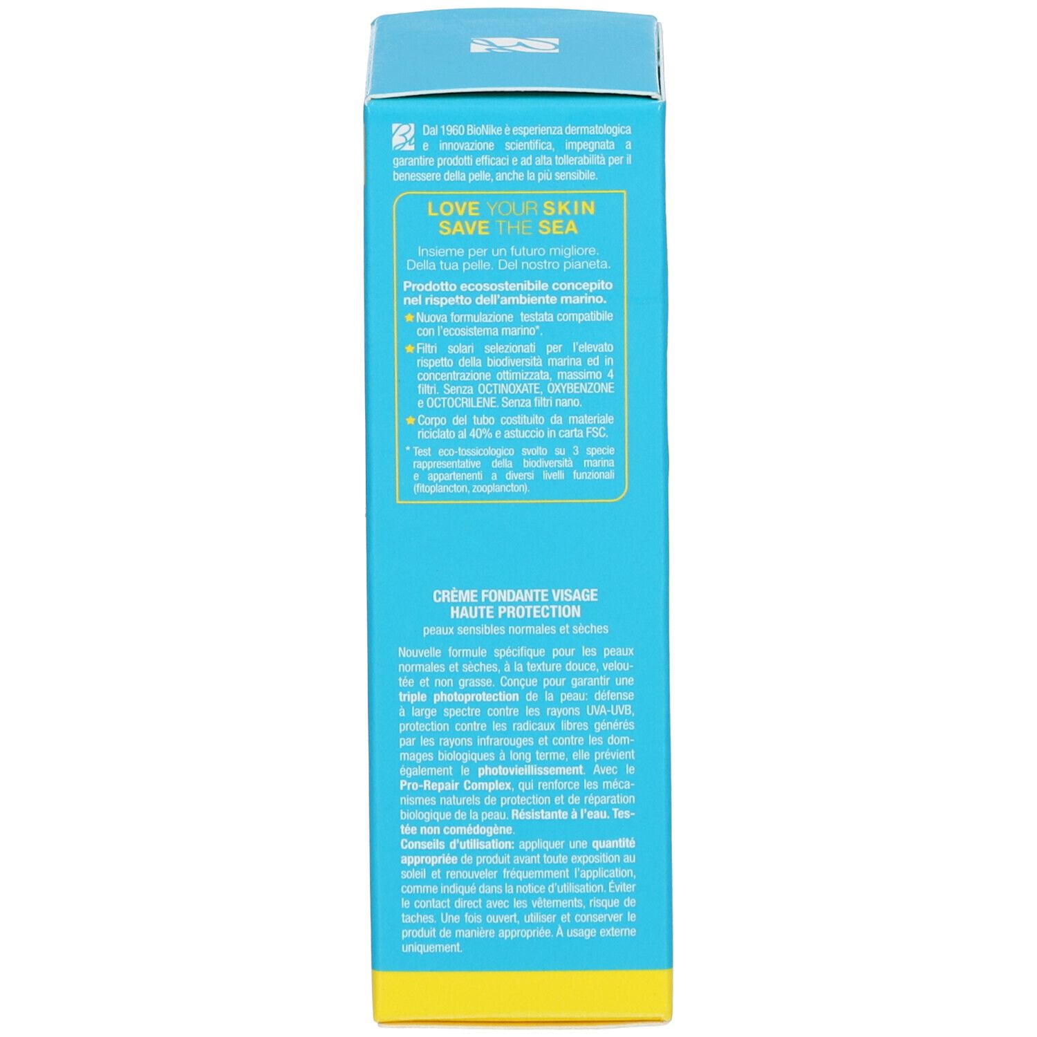 Rückseite der Sonnencreme-Schachtel. Text: Creme Fondante Visage, Haute Protection, Pro-Repair Complex, FSC-zertifiziert.