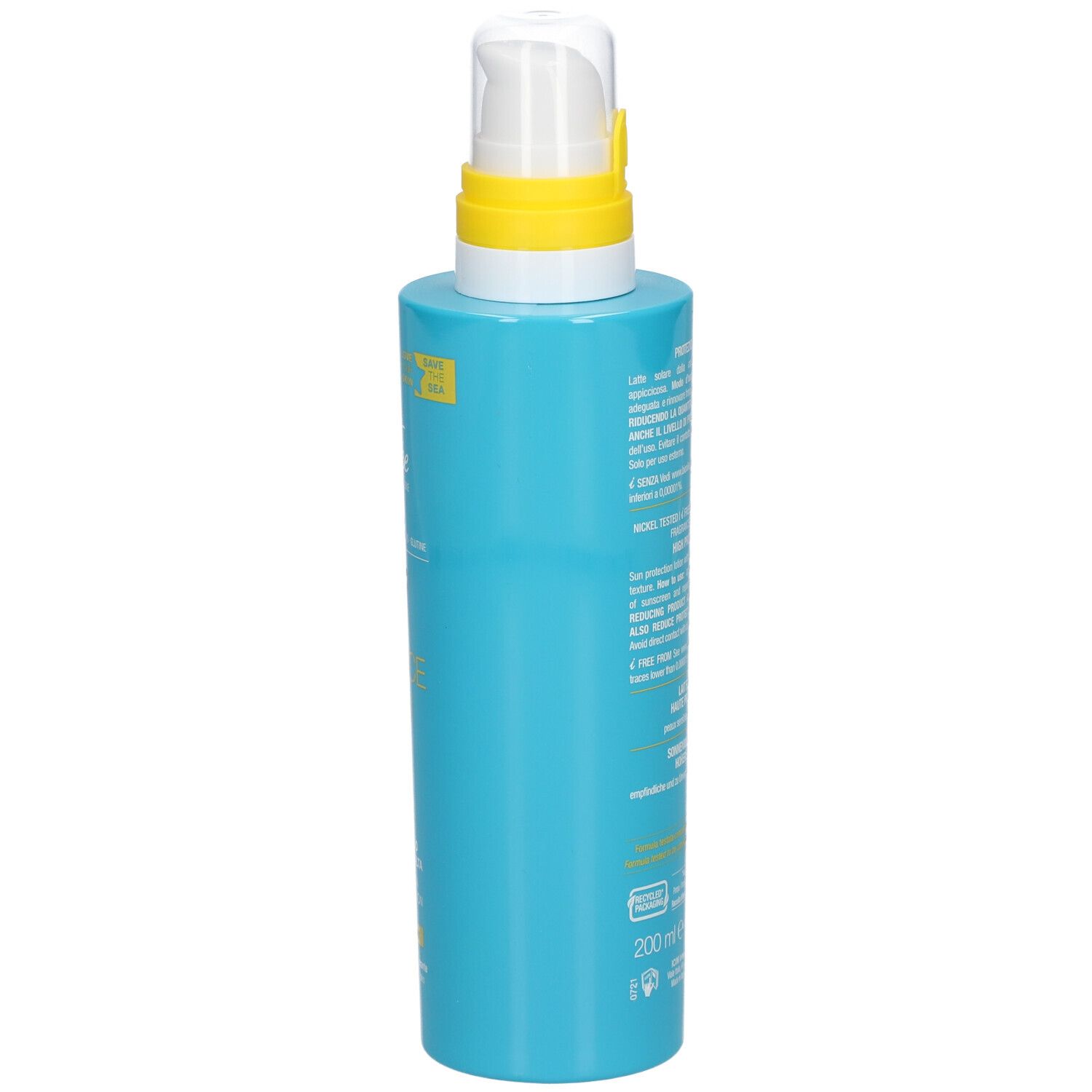 Türkisblaue Flasche mit weißem Sprühkopf und gelbem Ring. Rückseite mit Text. Marke: BioNike.