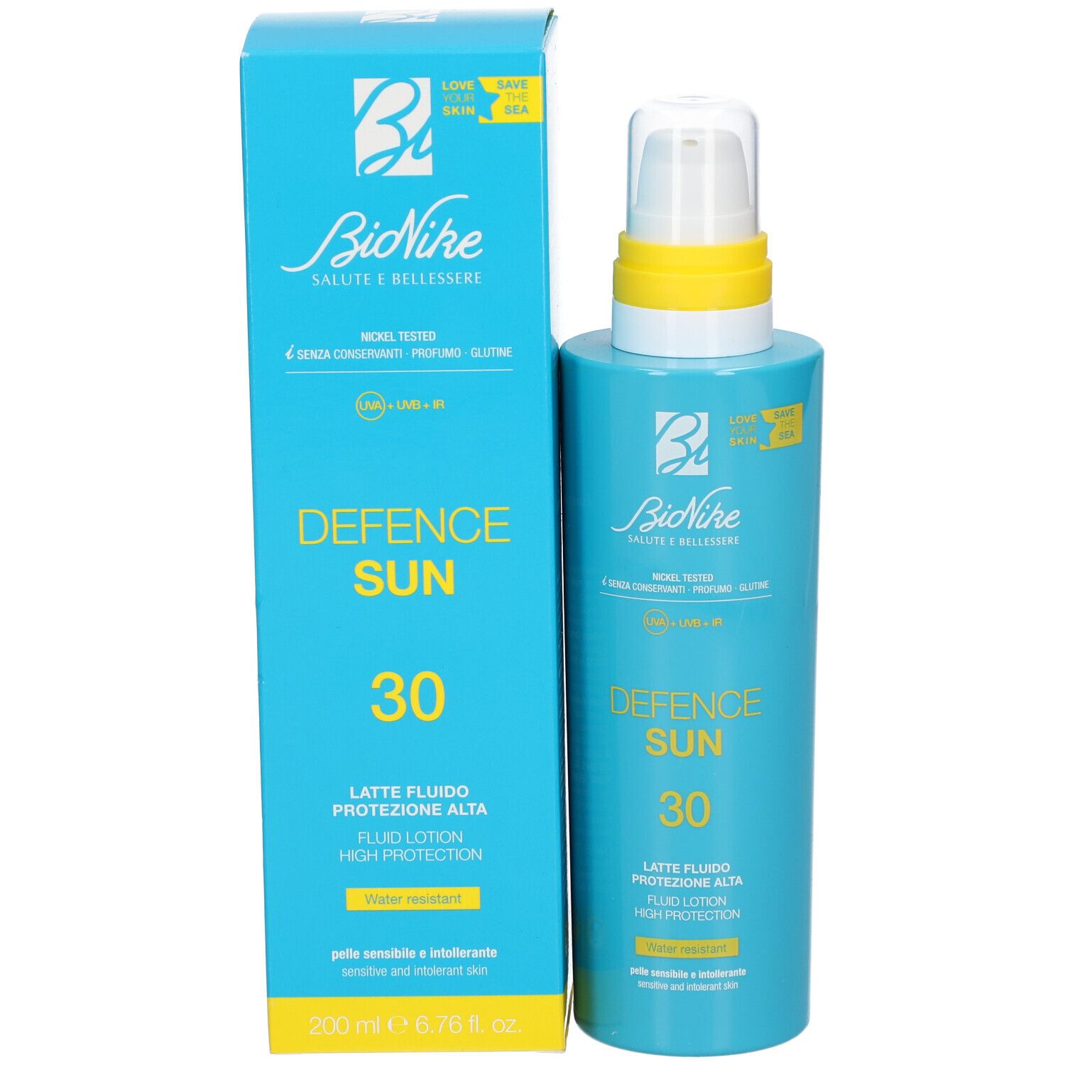 Türkisblaue Flasche und Schachtel. Aufschrift: Defence Sun 30, Latte Fluido, High Protection. Marke: BioNike.