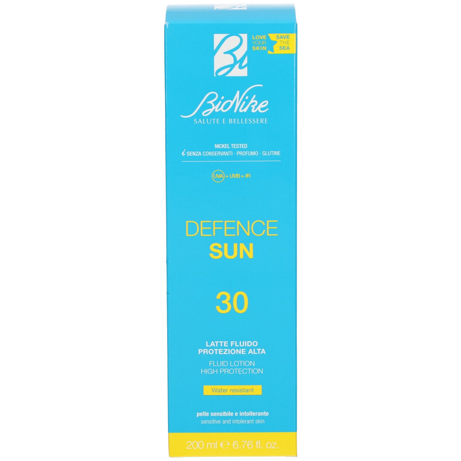 Türkisblaue Schachtel. Aufschrift: Defence Sun 30, Latte Fluido, High Protection. Marke: BioNike.