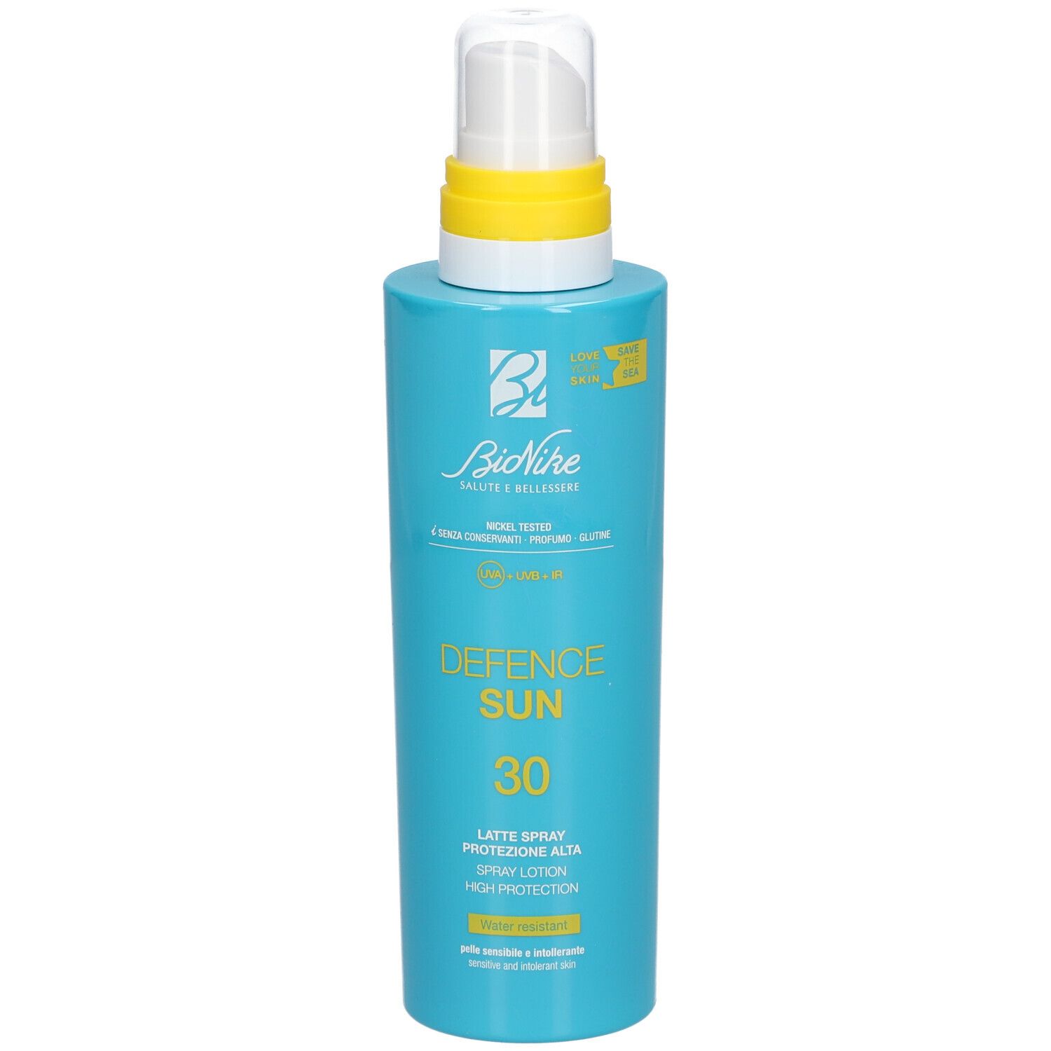 Türkisblaue Flasche mit weißem Sprühkopf und gelbem Ring. Aufschrift: Defence Sun 30, Latte Spray, Bionike.