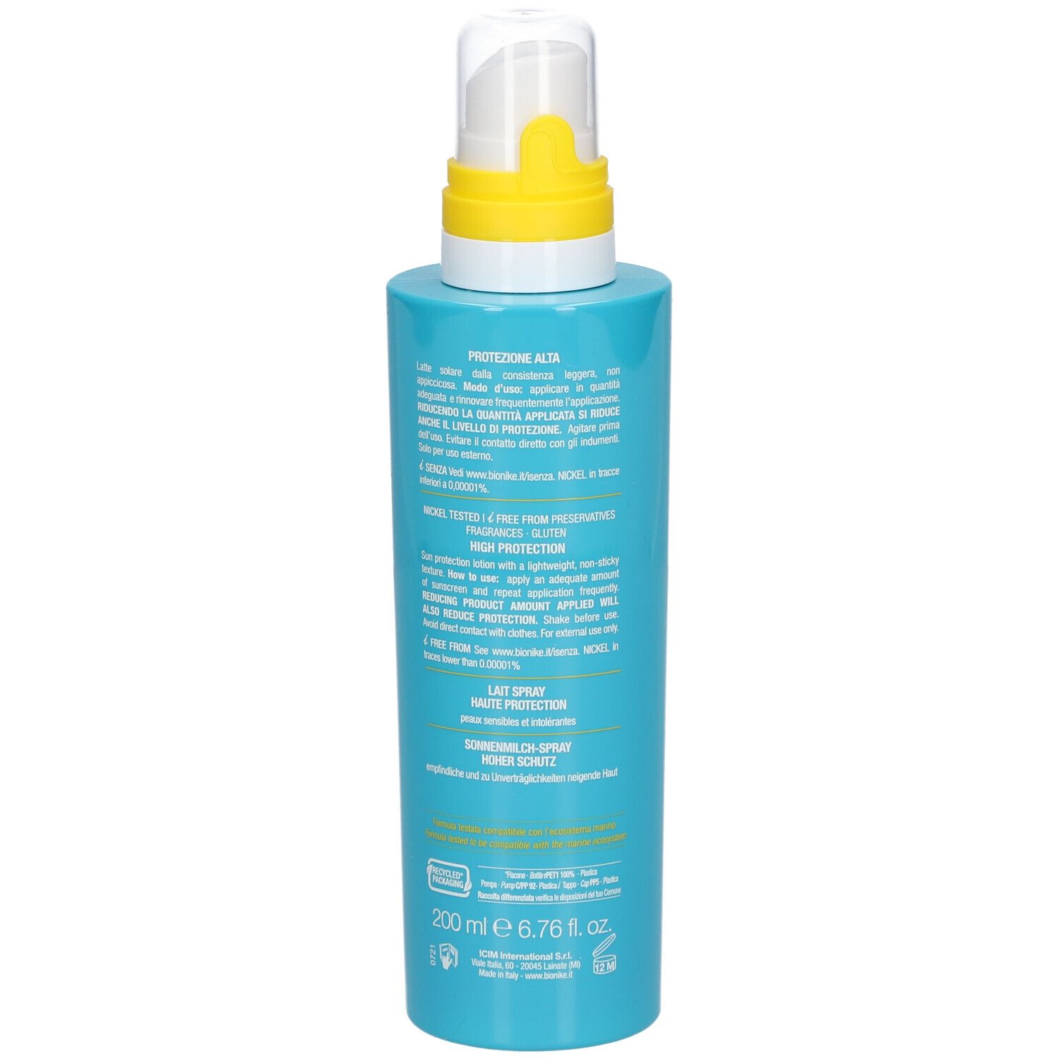 Türkisblaue Flasche mit weißem Sprühkopf und gelbem Ring. Aufschrift: Defence Sun 30, Bionike, 200 ml.