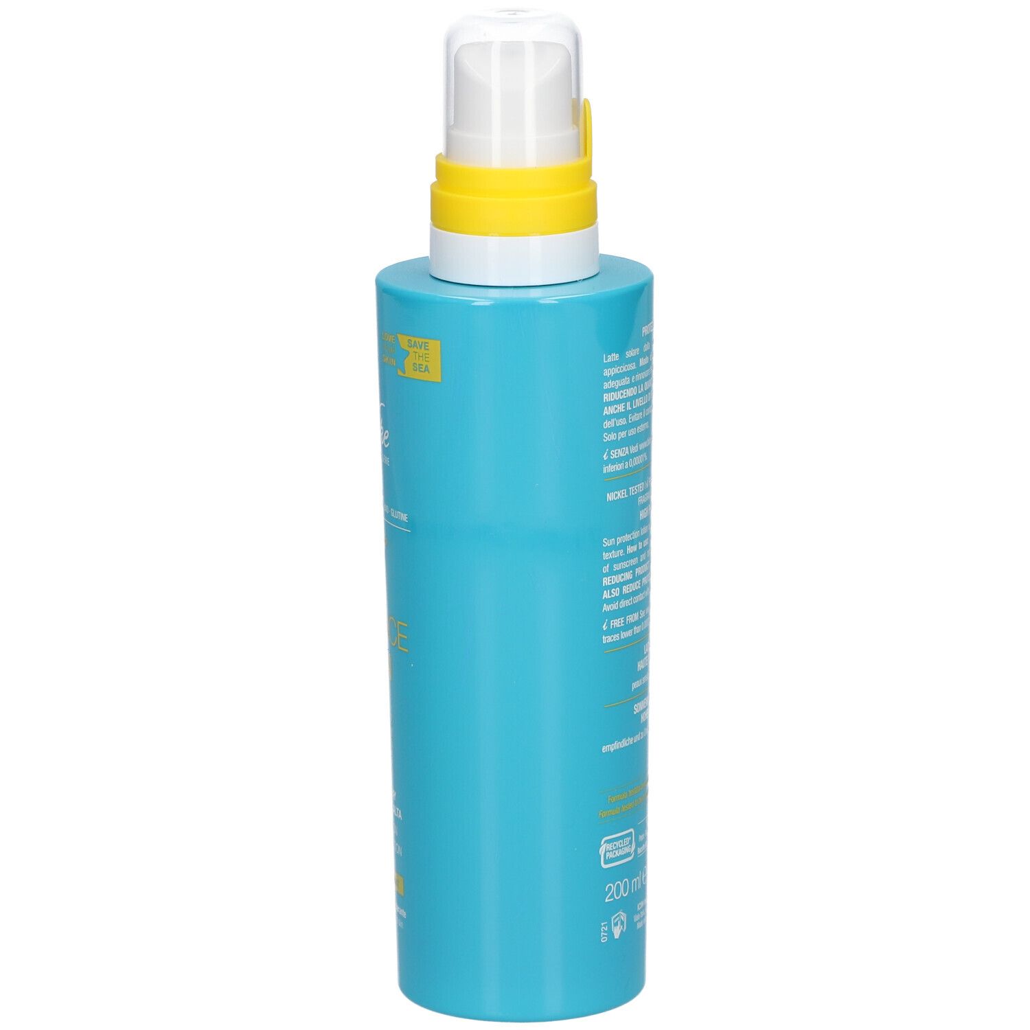 Türkisblaue Flasche mit weißem Sprühkopf und gelbem Ring. Aufschrift: Defence Sun 30, Bionike, 200 ml.