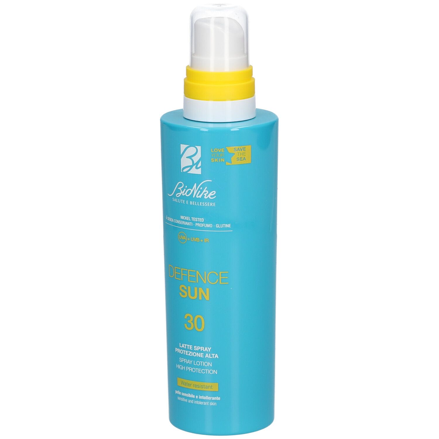 Türkisblaue Flasche mit weißem Sprühkopf und gelbem Ring. Aufschrift: Defence Sun 30, Latte Spray, Bionike.