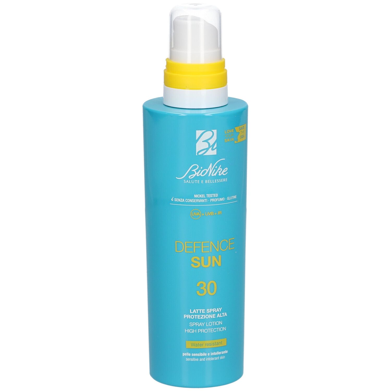 Türkisblaue Flasche mit weißem Sprühkopf und gelbem Ring. Aufschrift: Defence Sun 30, Latte Spray, Bionike.