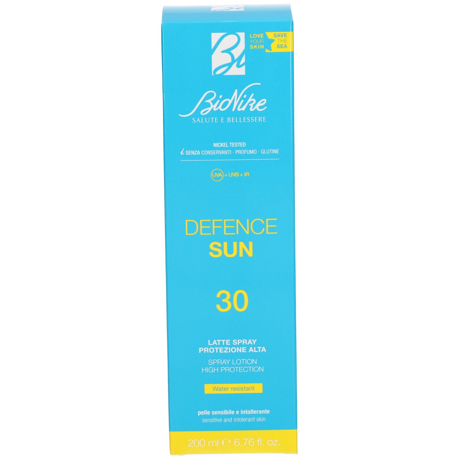 Türkisblauer Karton. Aufschrift: Defence Sun 30, Latte Spray, Bionike. 200 ml.