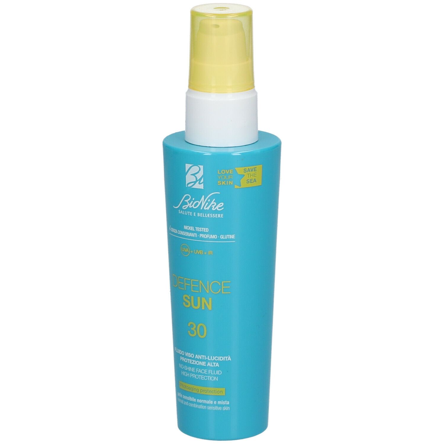 Flacone turchese con erogatore giallo. Scritta: Defence Sun 30, Bionike.