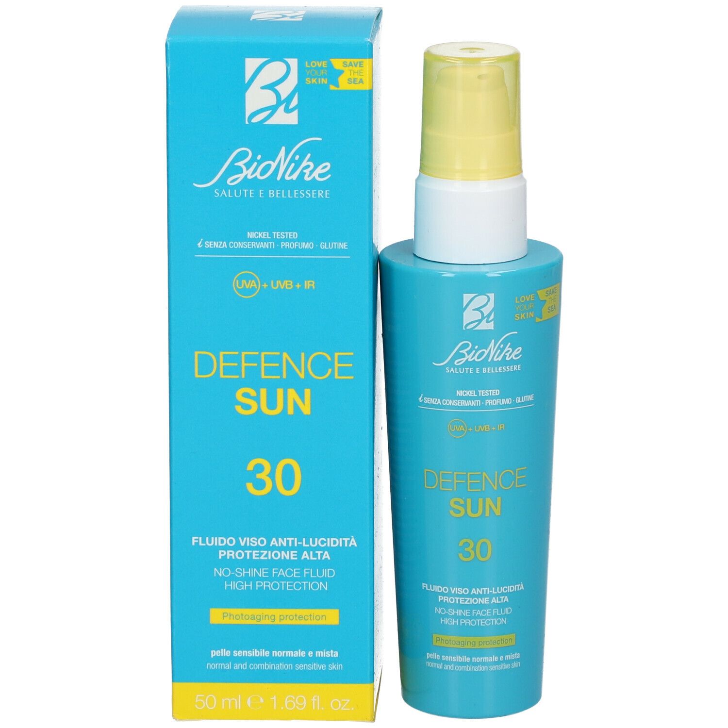 Flacone e scatola turchesi. Scritta: Defence Sun 30, Bionike.