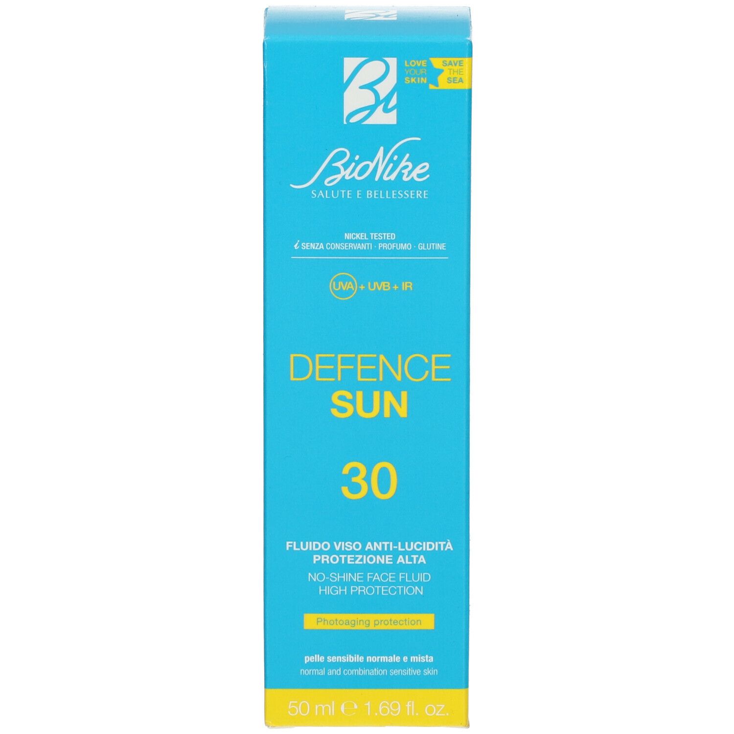 Scatola turchese. Scritta: Defence Sun 30, Bionike.