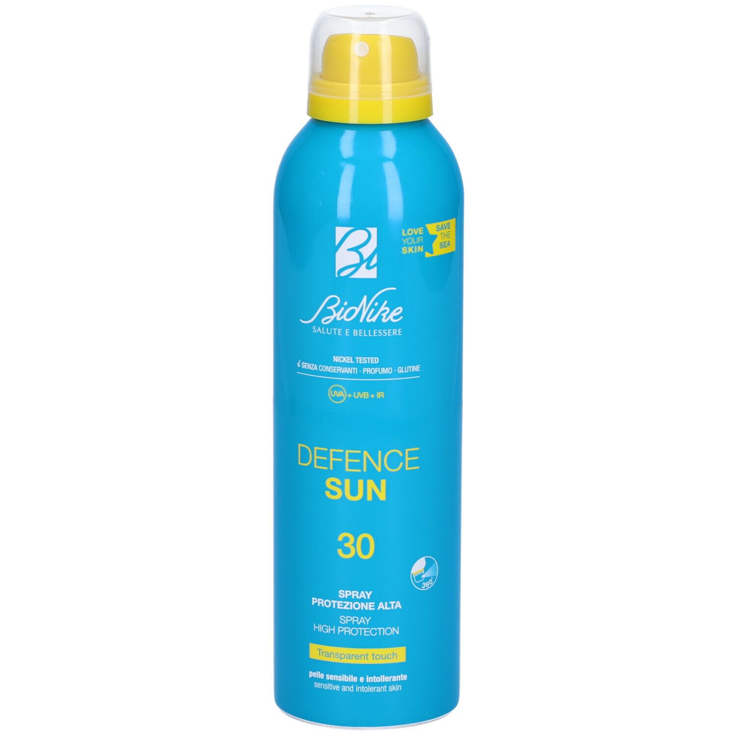 Flacone spray blu turchese con erogatore giallo. Scritta: Defence Sun 30, Spray, alta protezione. Marchio BioNike.